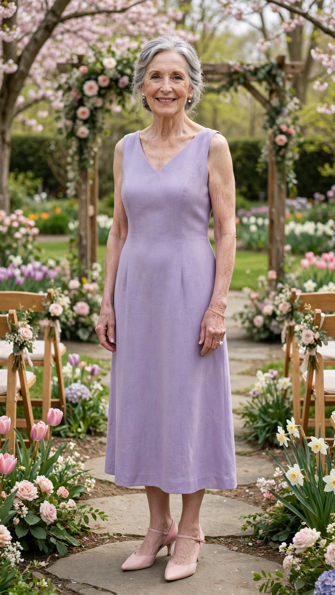 Lavender sleeveless midi dress with blush kitten heels