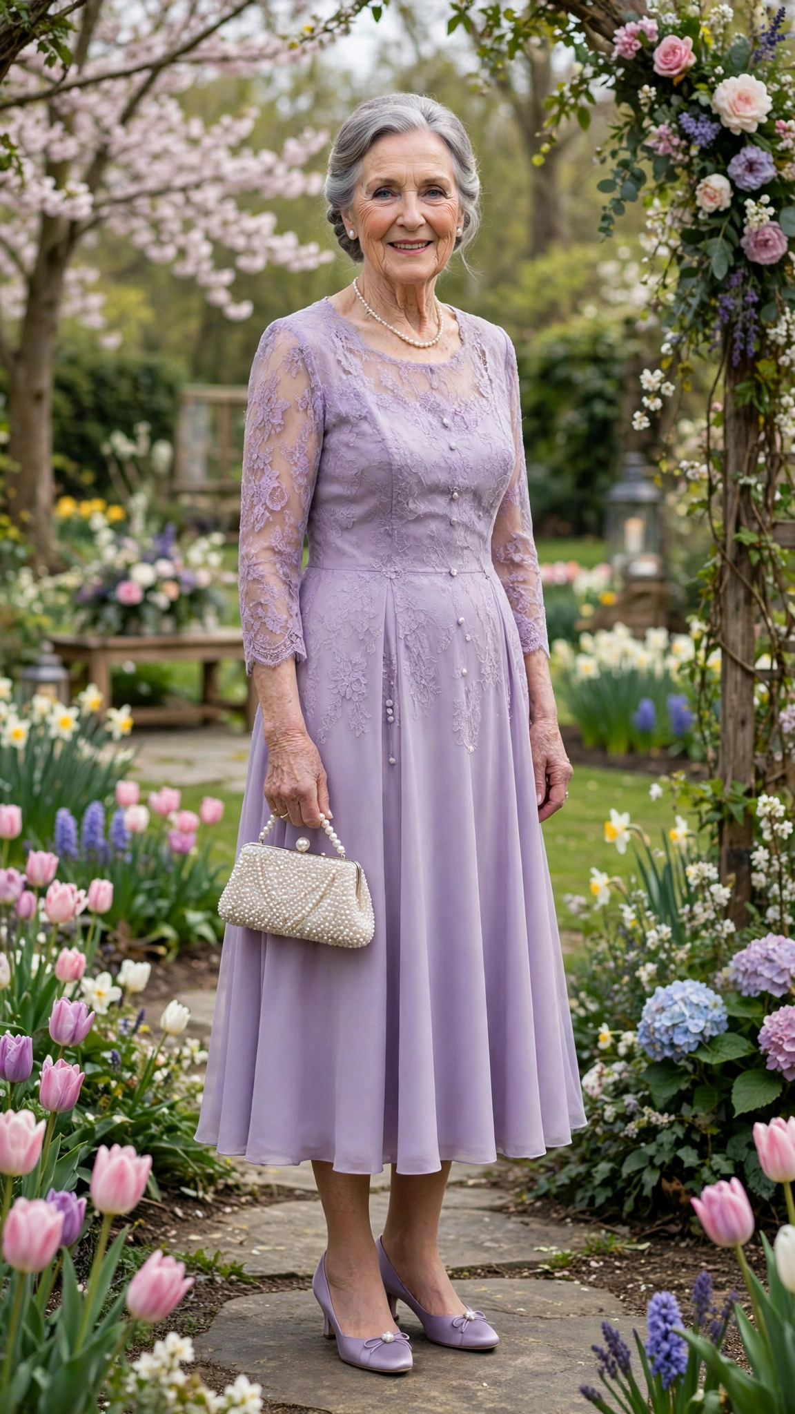 Lavender tea-length dress with a pearl clutch