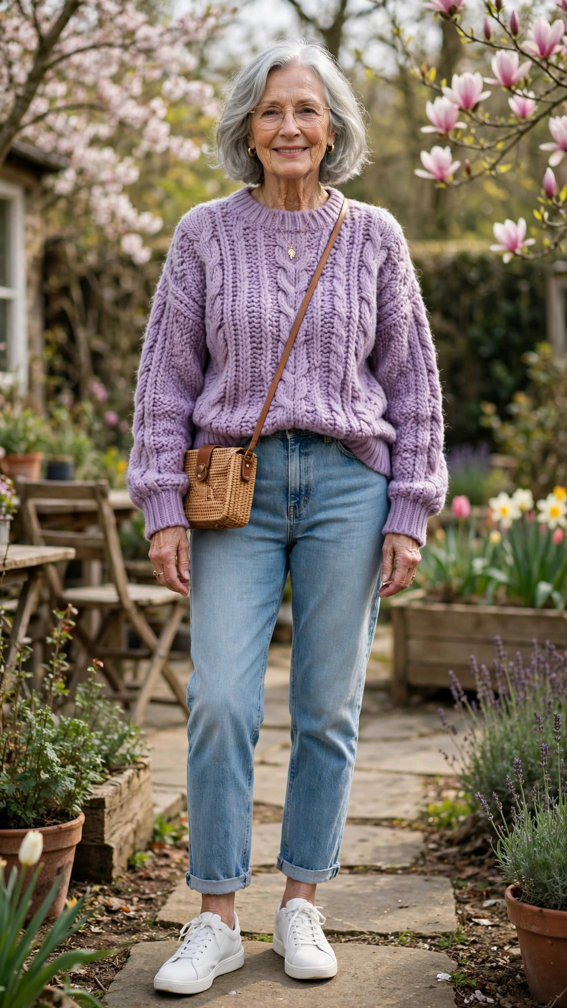 Lavender chunky knit sweater with light-wash straight jeans