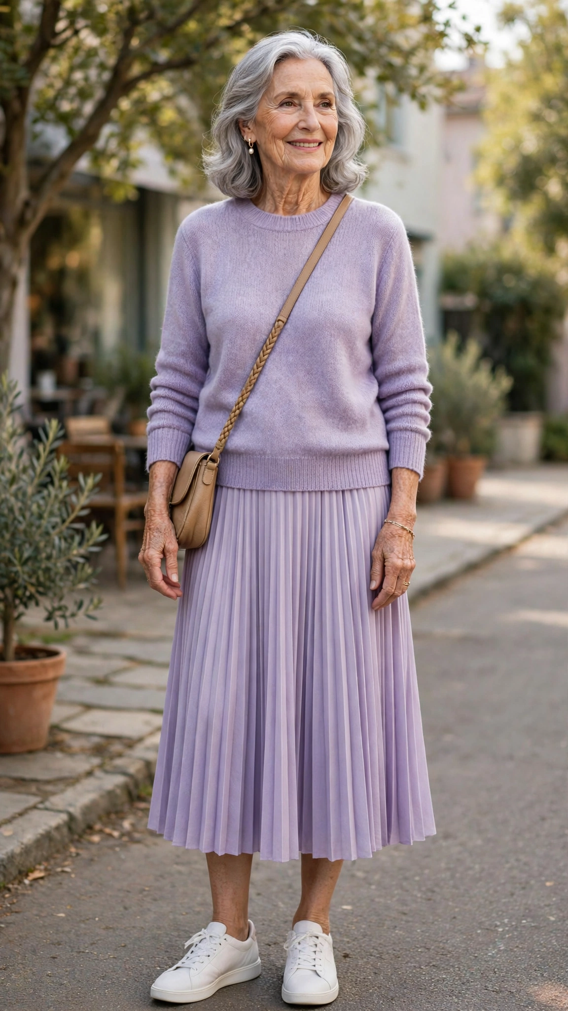 Lavender fine-knit sweater with a pleated midi skirt