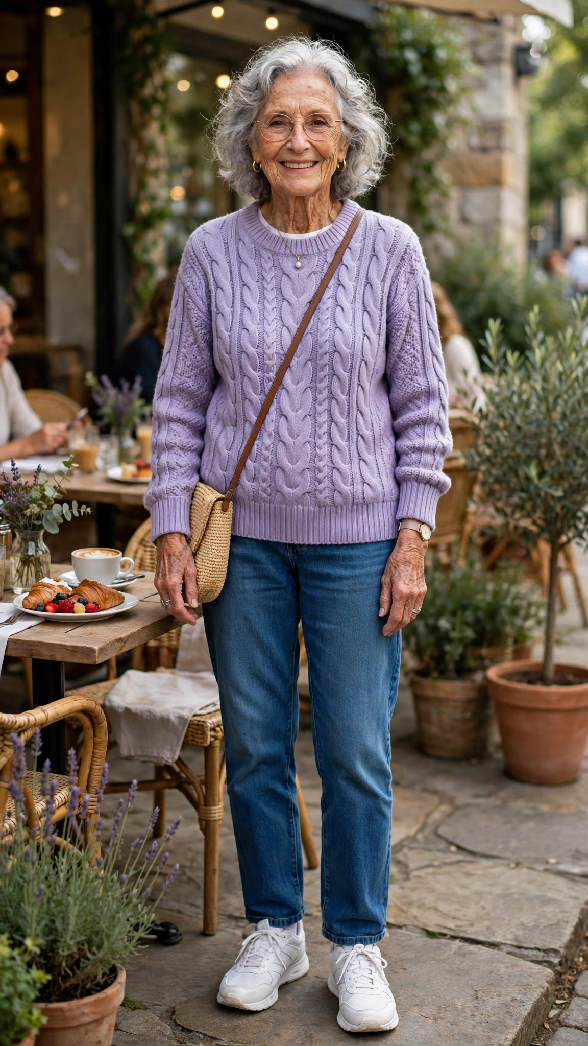 Lavender cable-knit sweater with white trainers