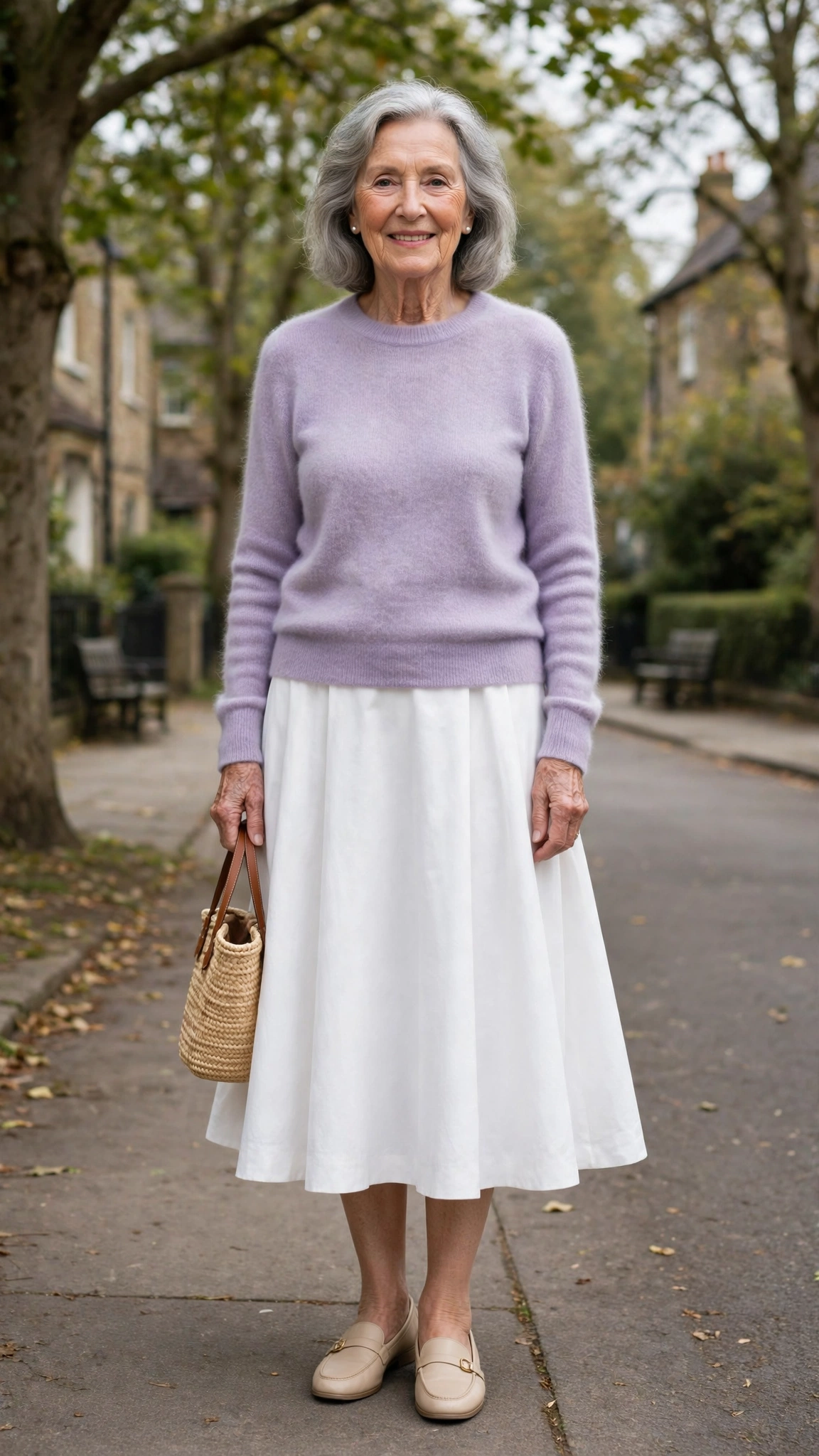 Lavender cashmere sweater with a white A-line skirt