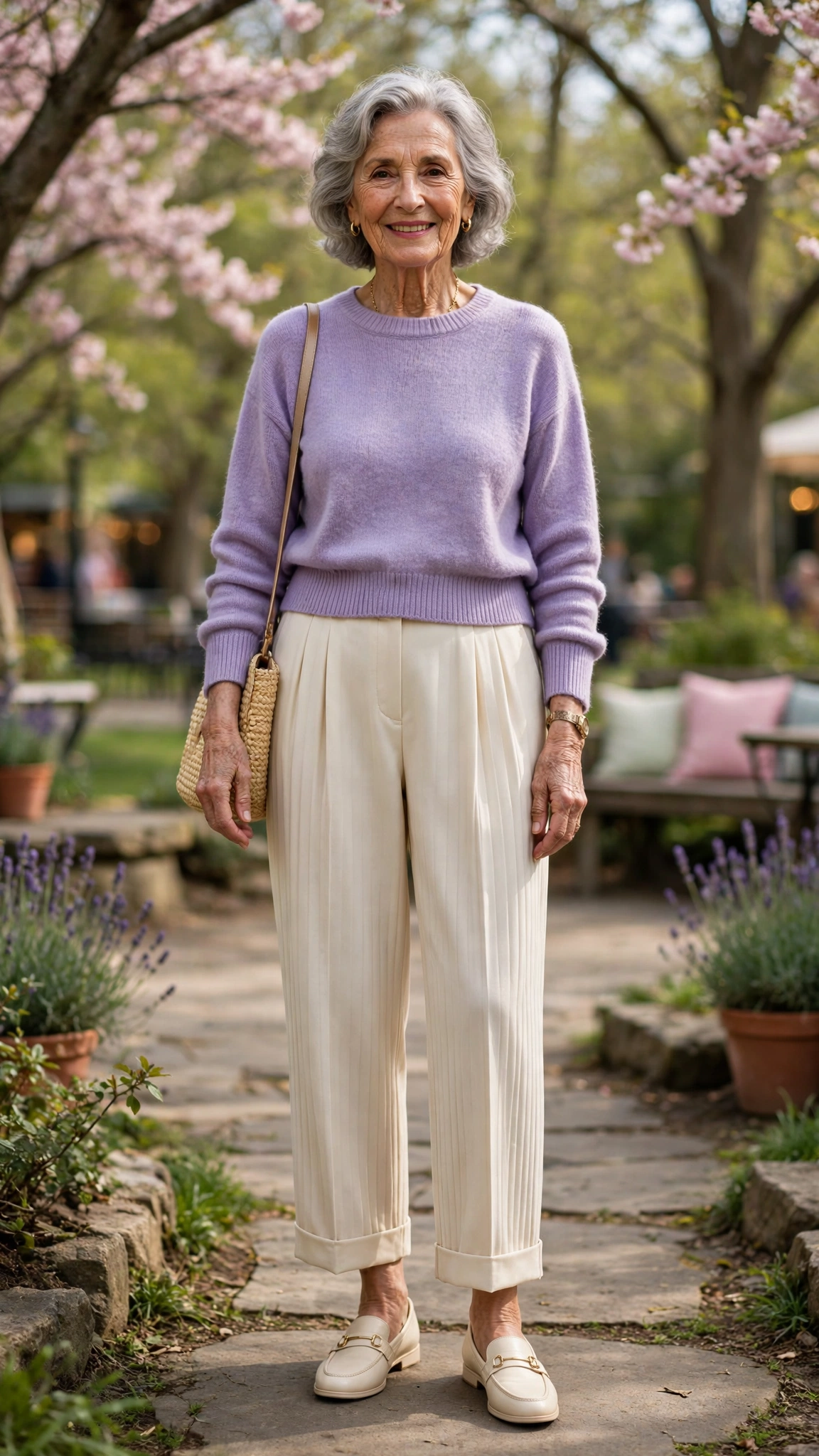 Lavender cropped sweater with cream pleated trousers