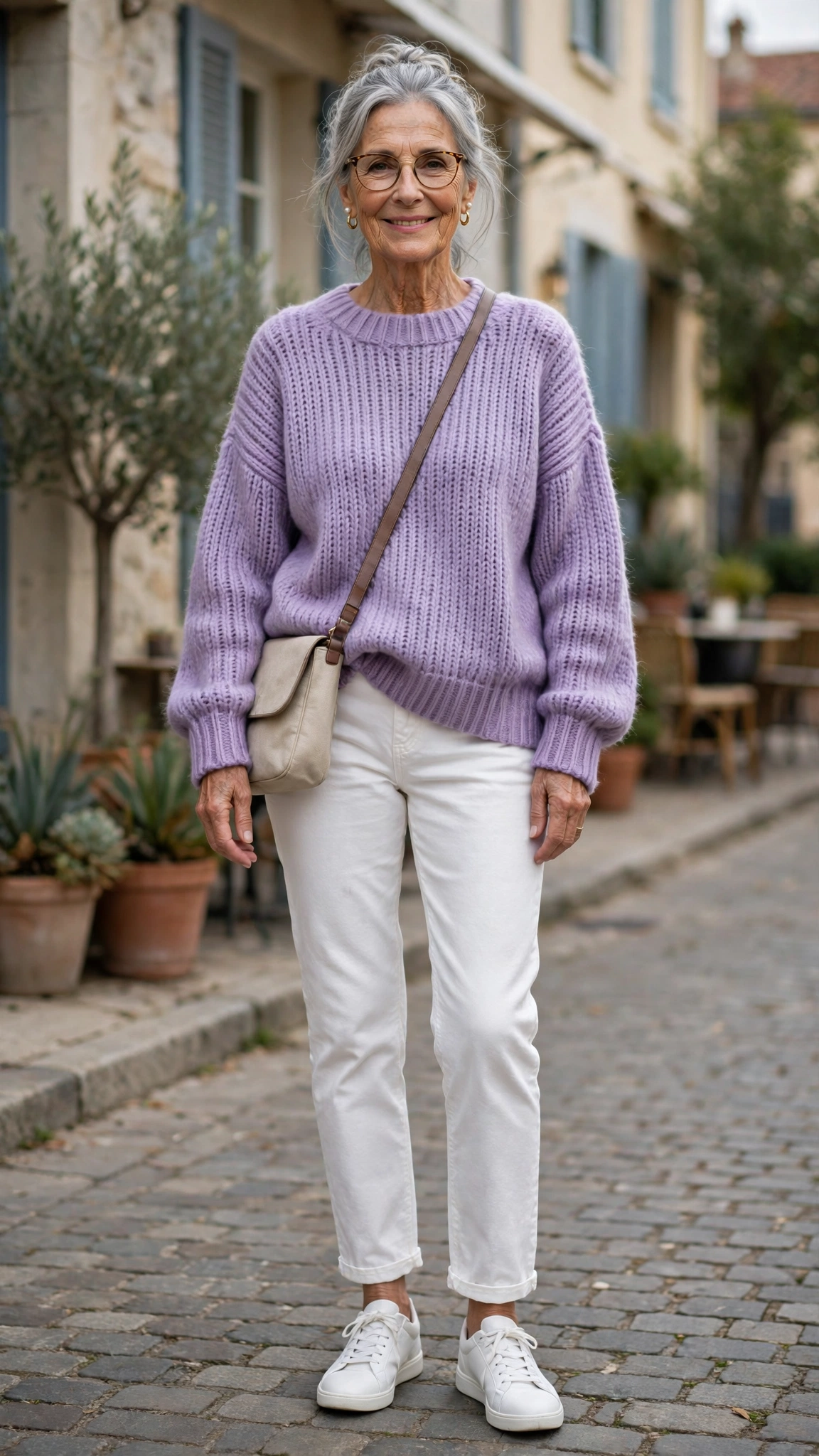 Lavender oversized sweater with white jeans