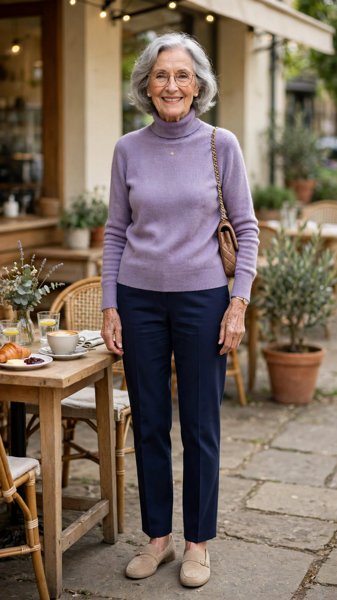 Lavender turtleneck sweater with navy straight trousers