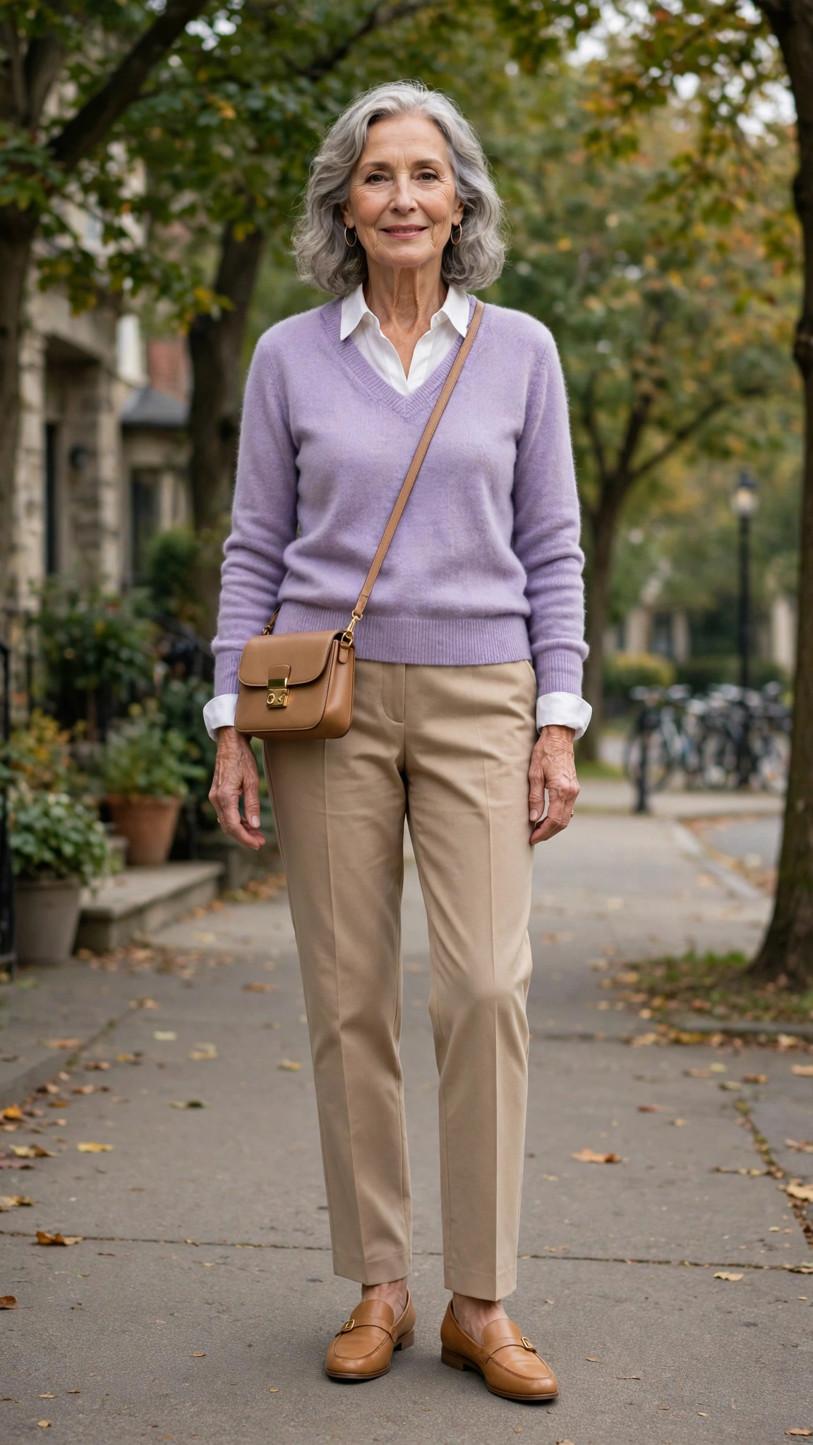Lavender V-neck sweater with tan loafers