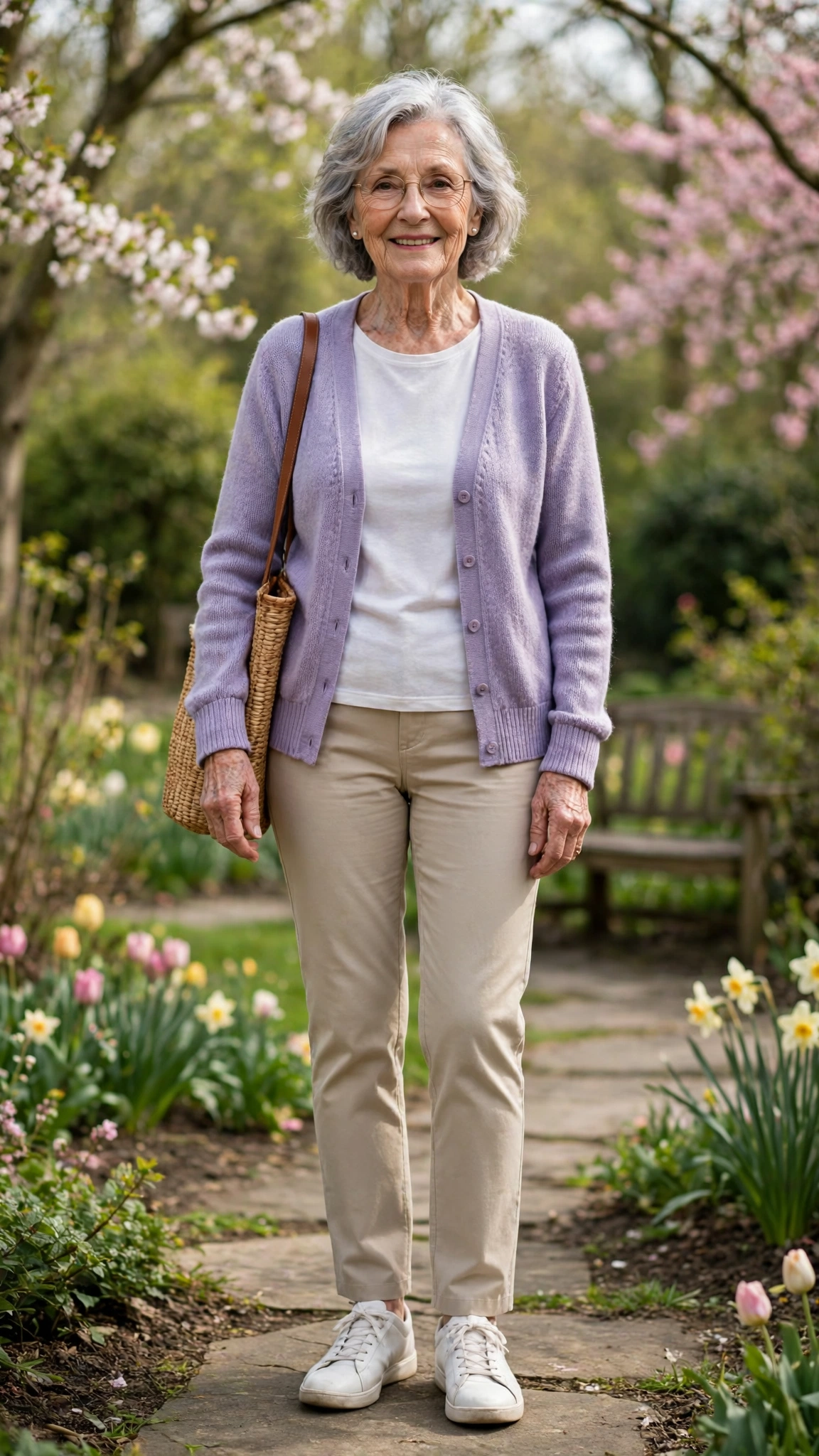 Lavender cardigan sweater with beige chinos