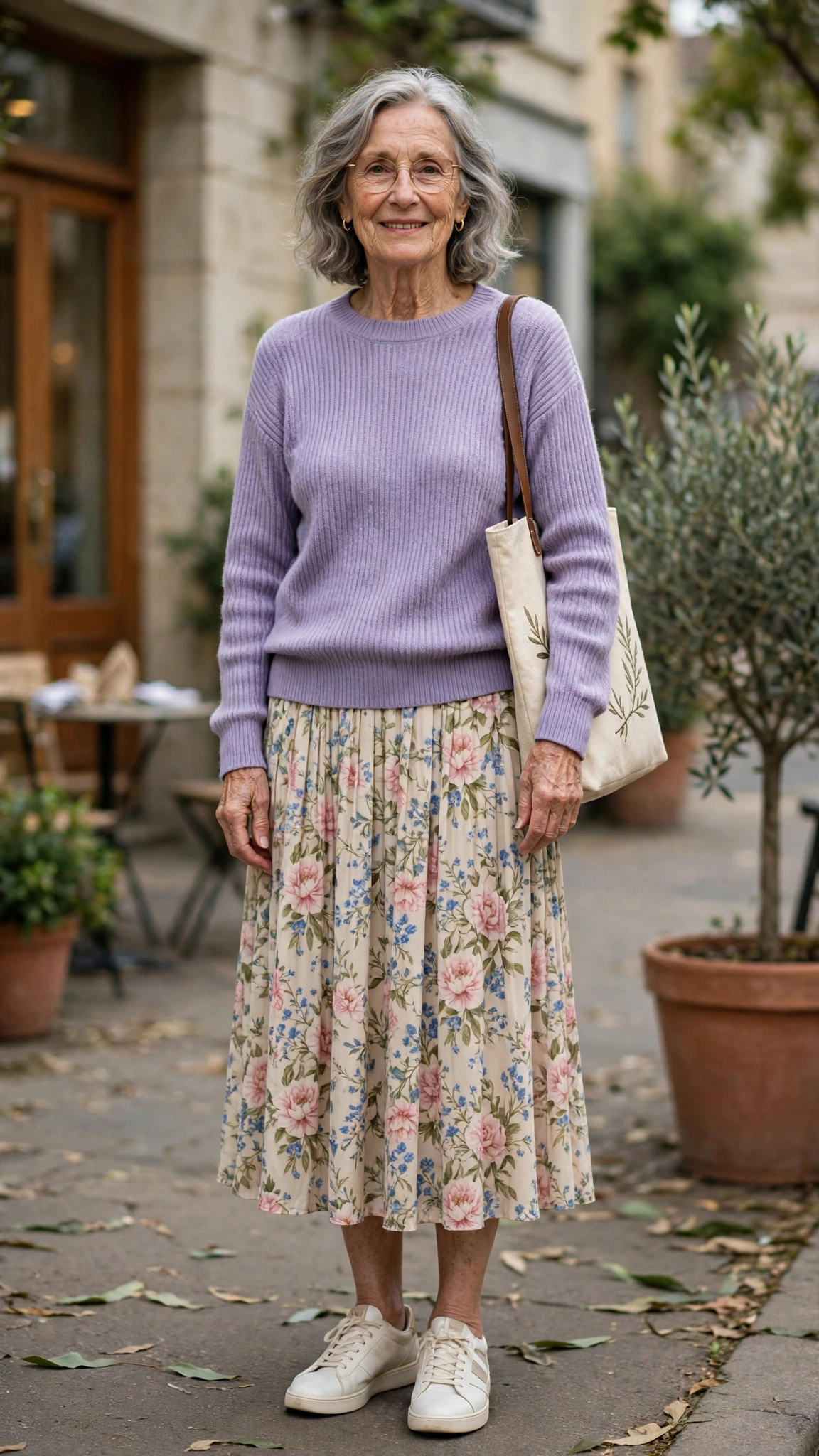 Lavender ribbed sweater with a floral midi skirt