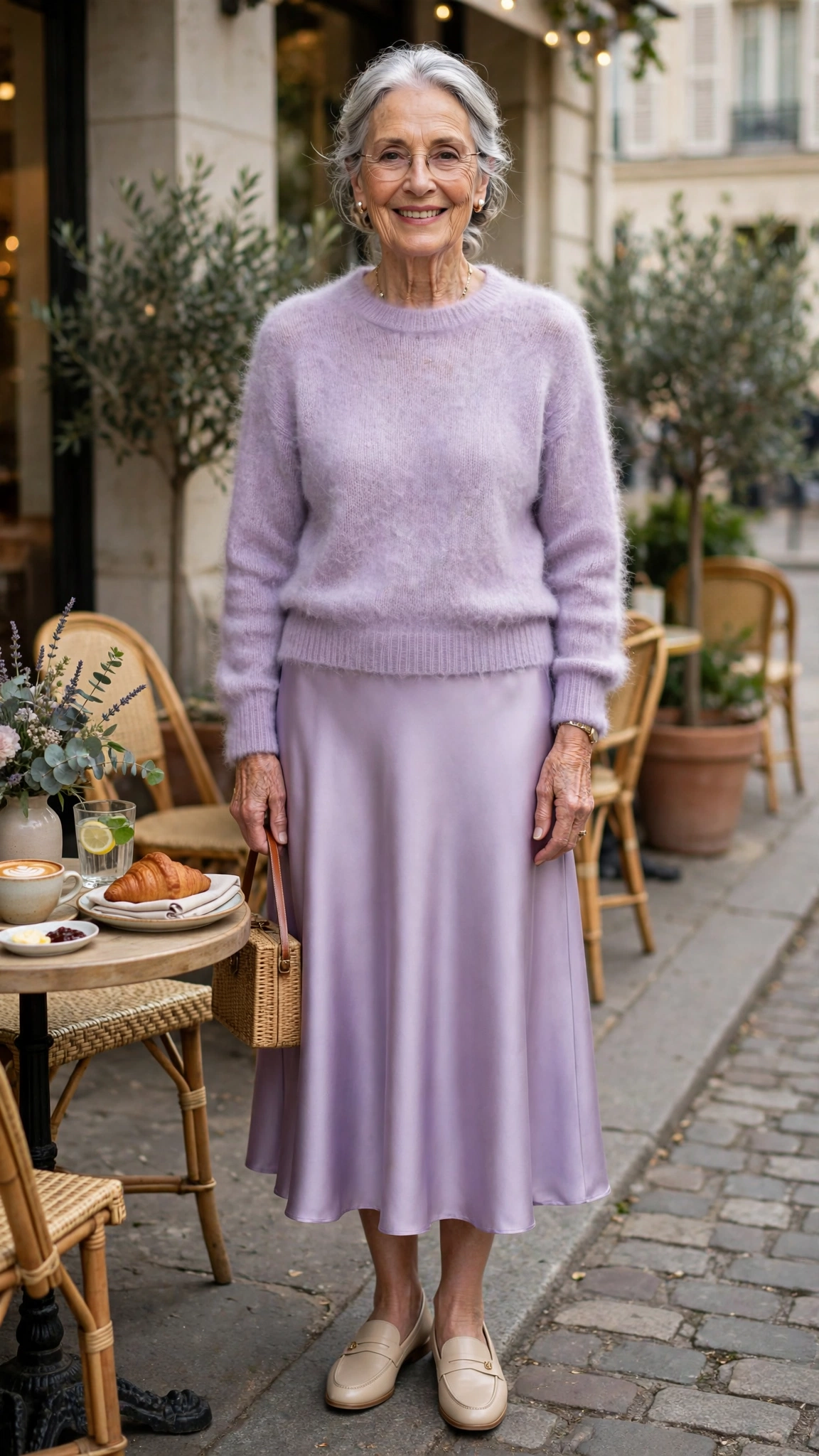 Lavender soft mohair sweater with a satin midi skirt