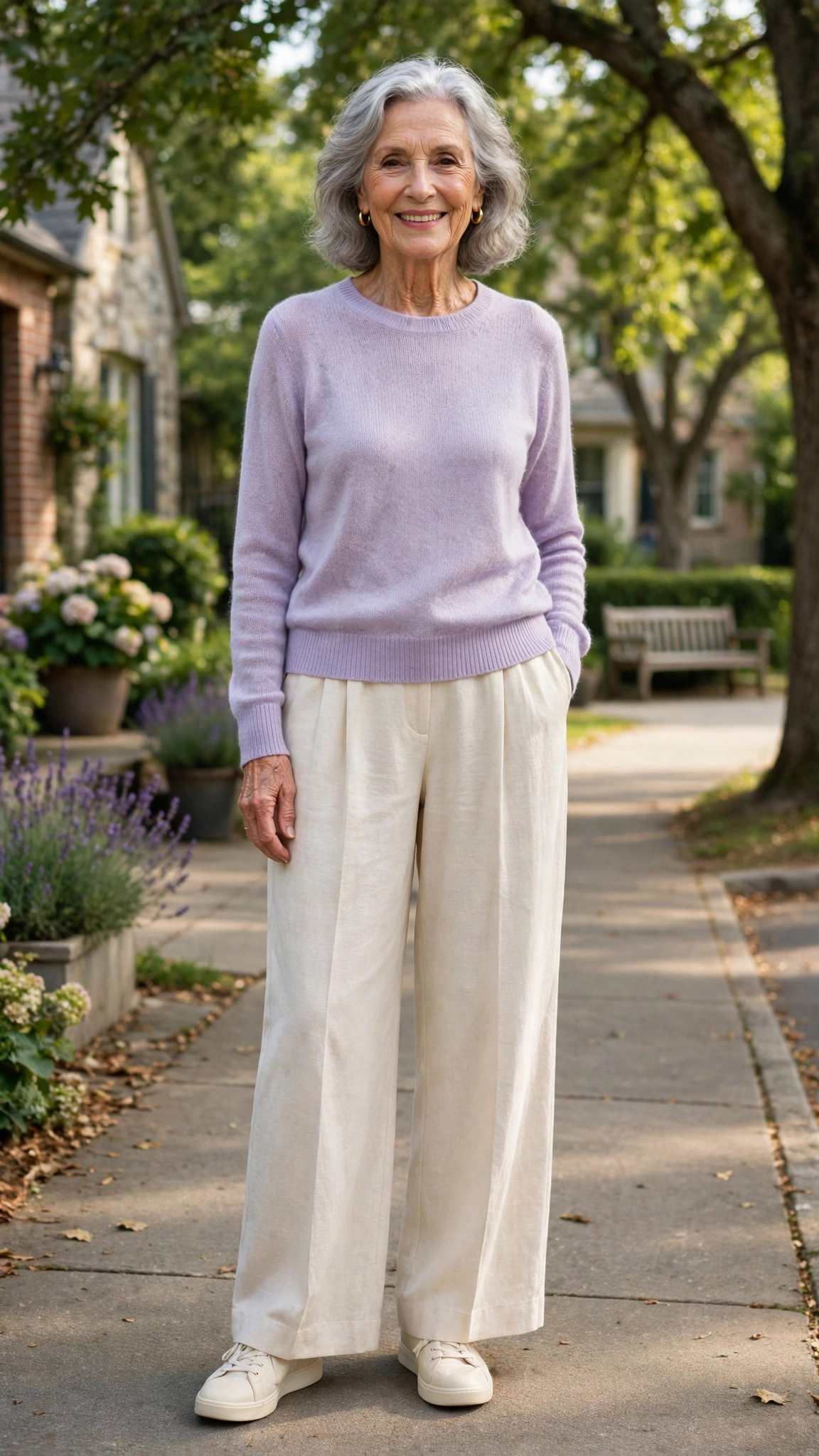 Lavender lightweight knit sweater with cream wide-leg trousers
