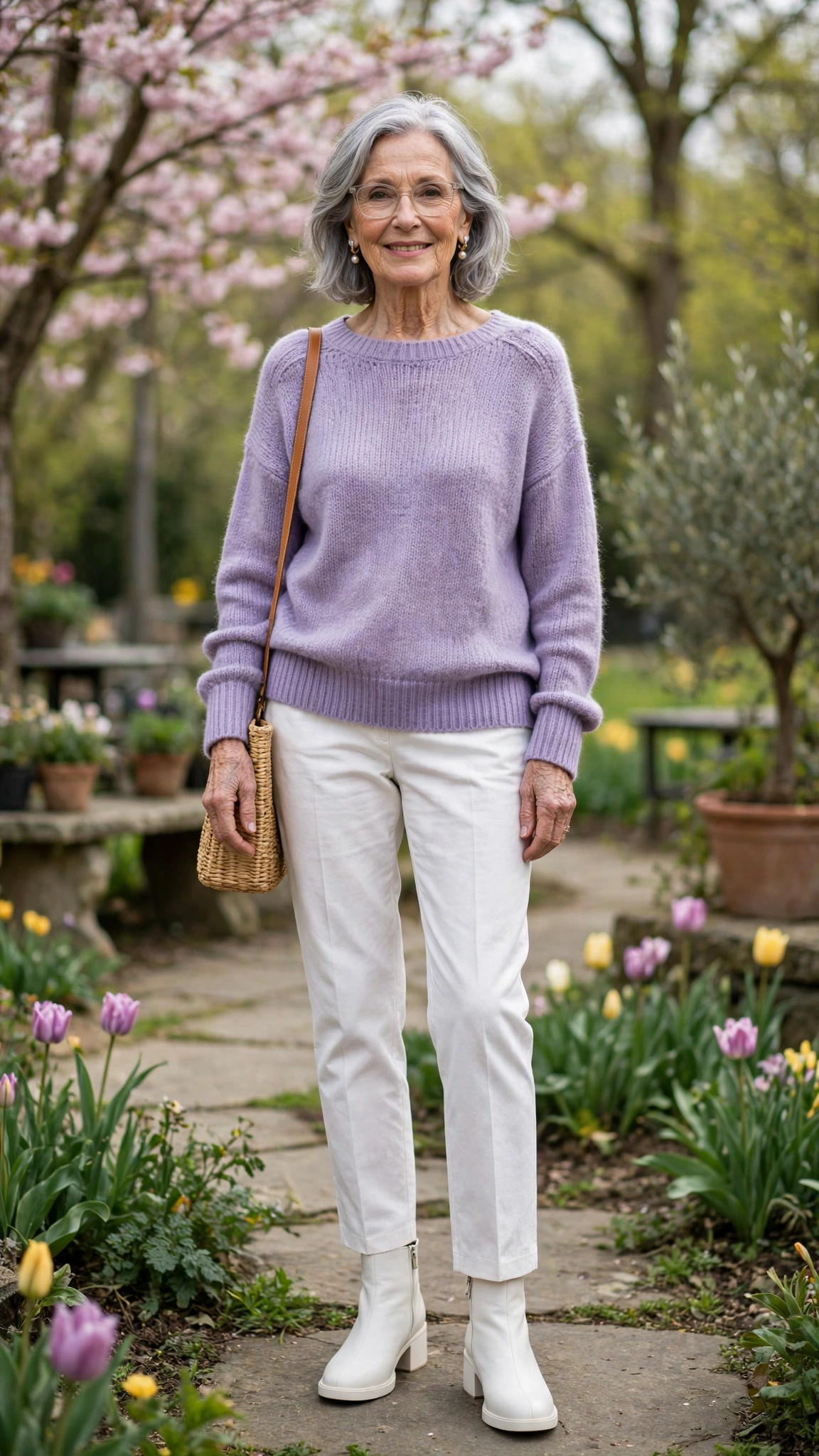 Lavender slouchy sweater with white ankle boots