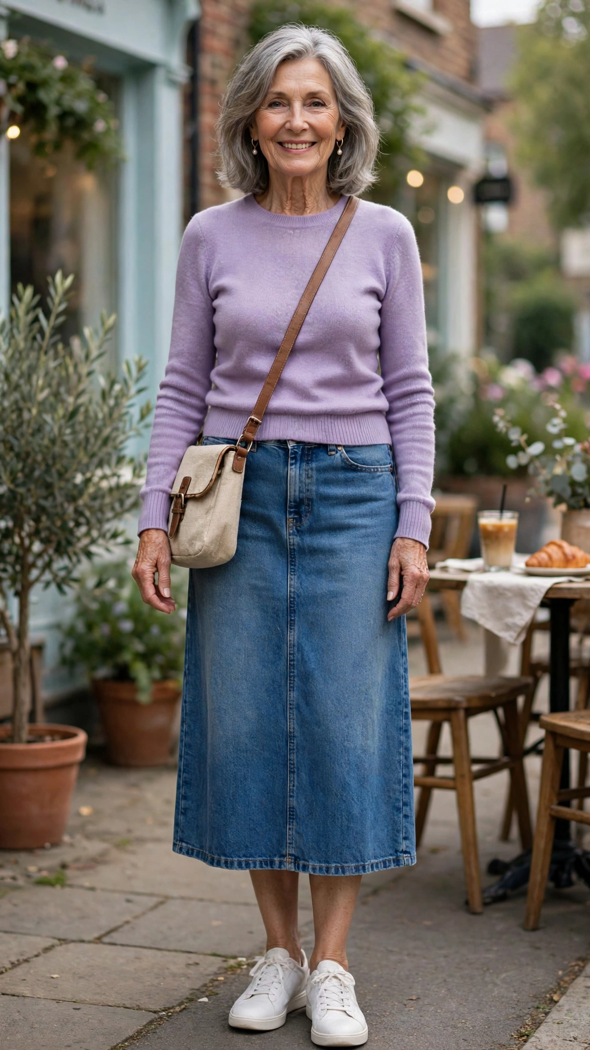 Lavender fitted sweater with a denim midi skirt