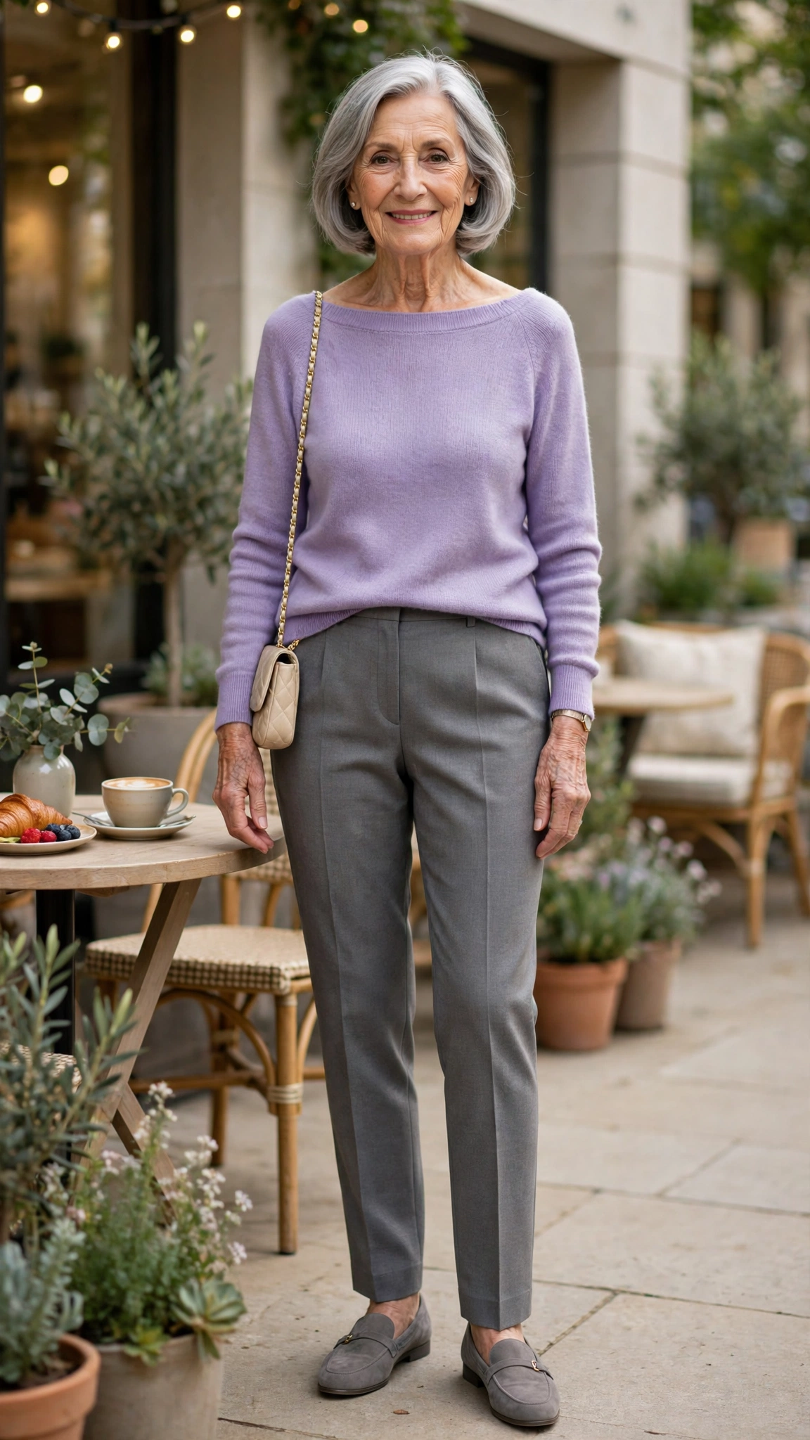 Lavender boat-neck sweater with grey tailored trousers
