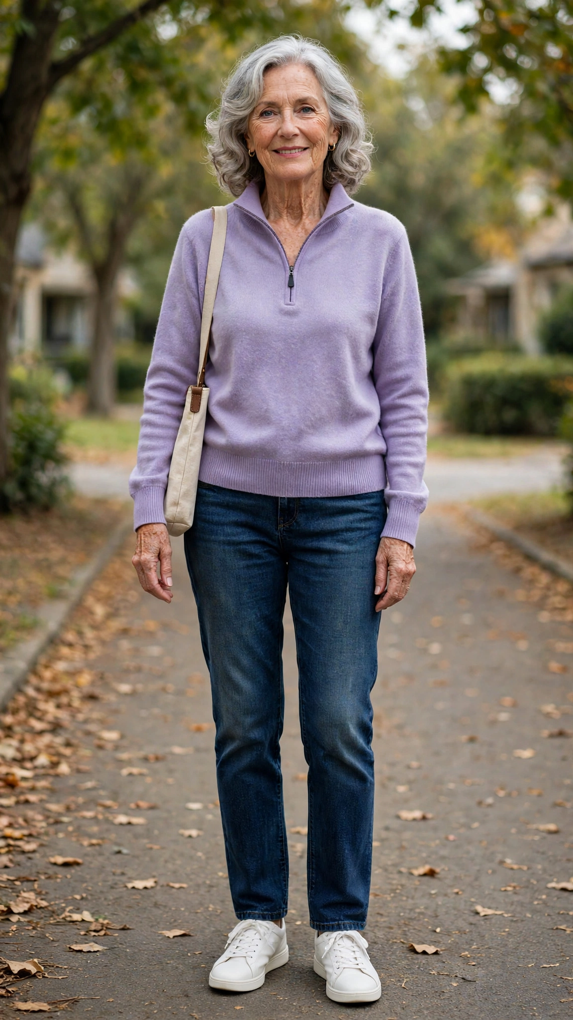 Lavender half-zip sweater with dark-wash jeans