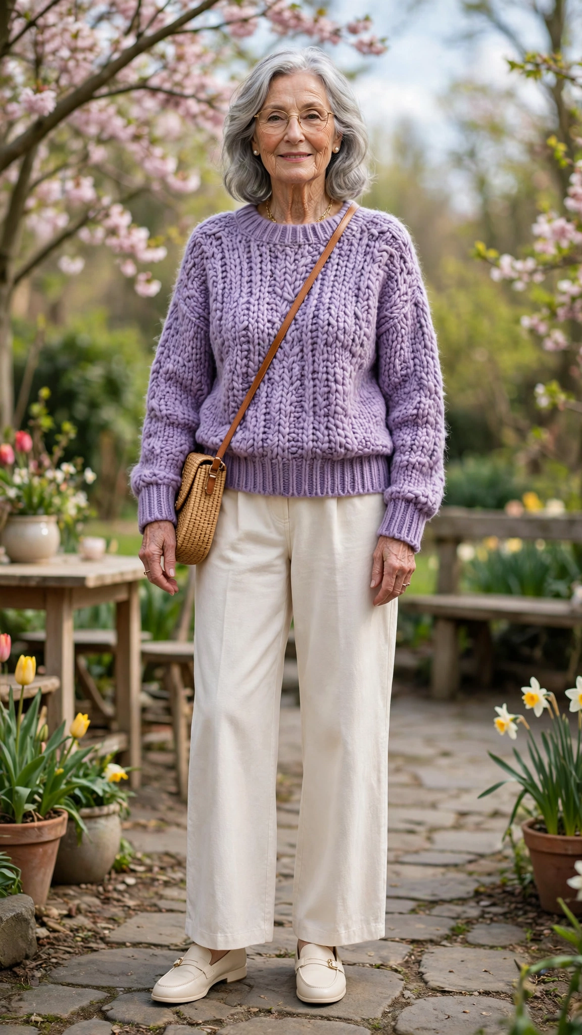 Lavender chunky knit sweater with cream wide-leg trousers