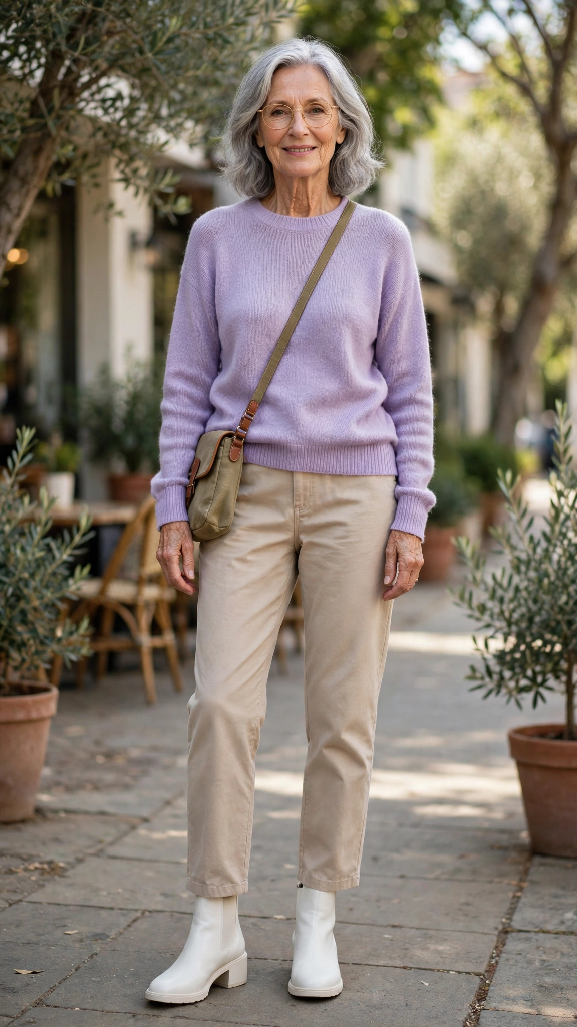 Lavender fine-knit sweater with white ankle boots
