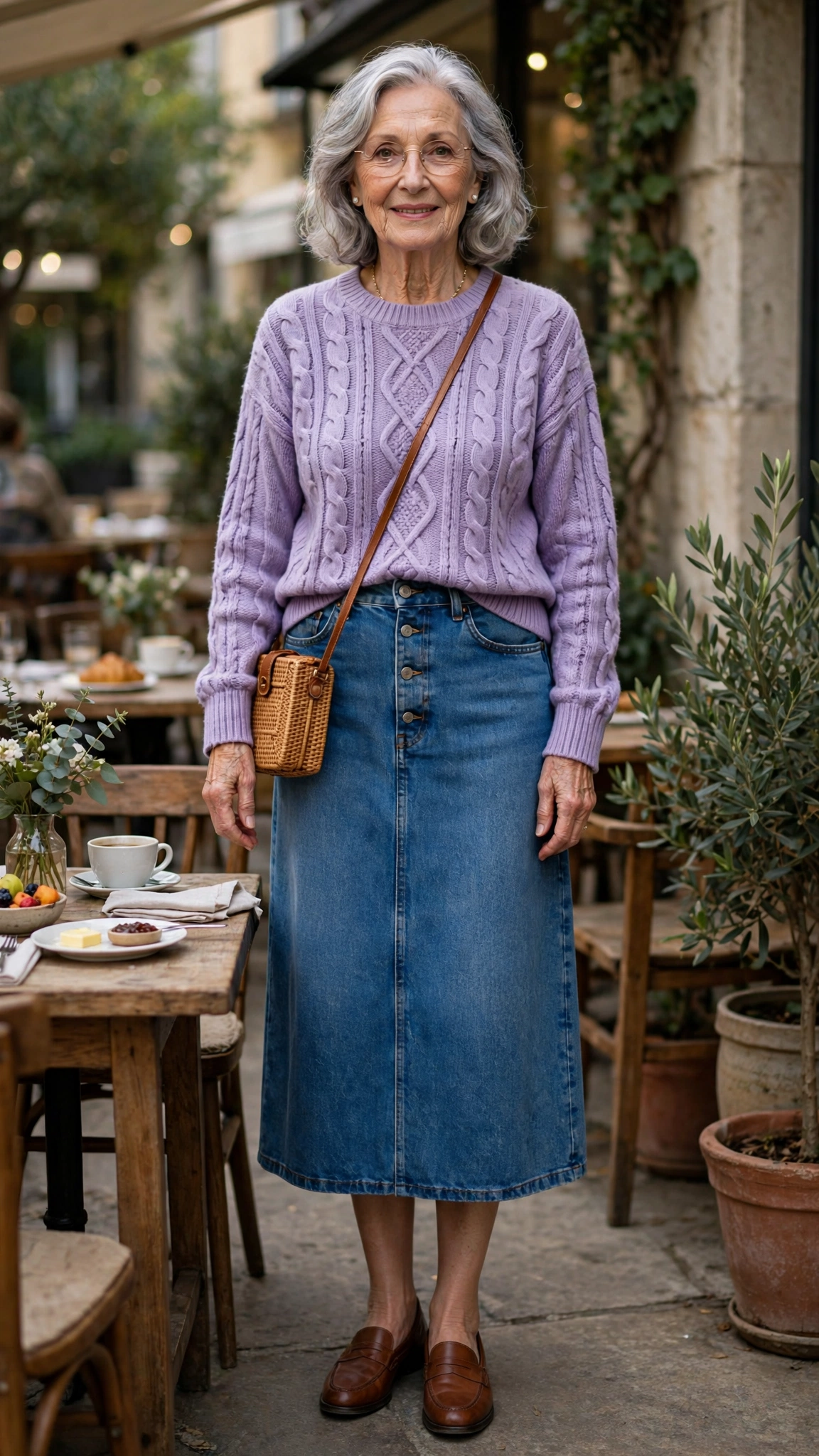 Lavender cable-knit sweater with a denim midi skirt