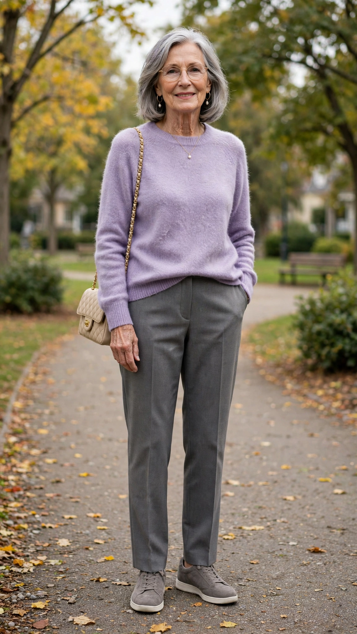 Lavender cashmere sweater with grey tailored trousers