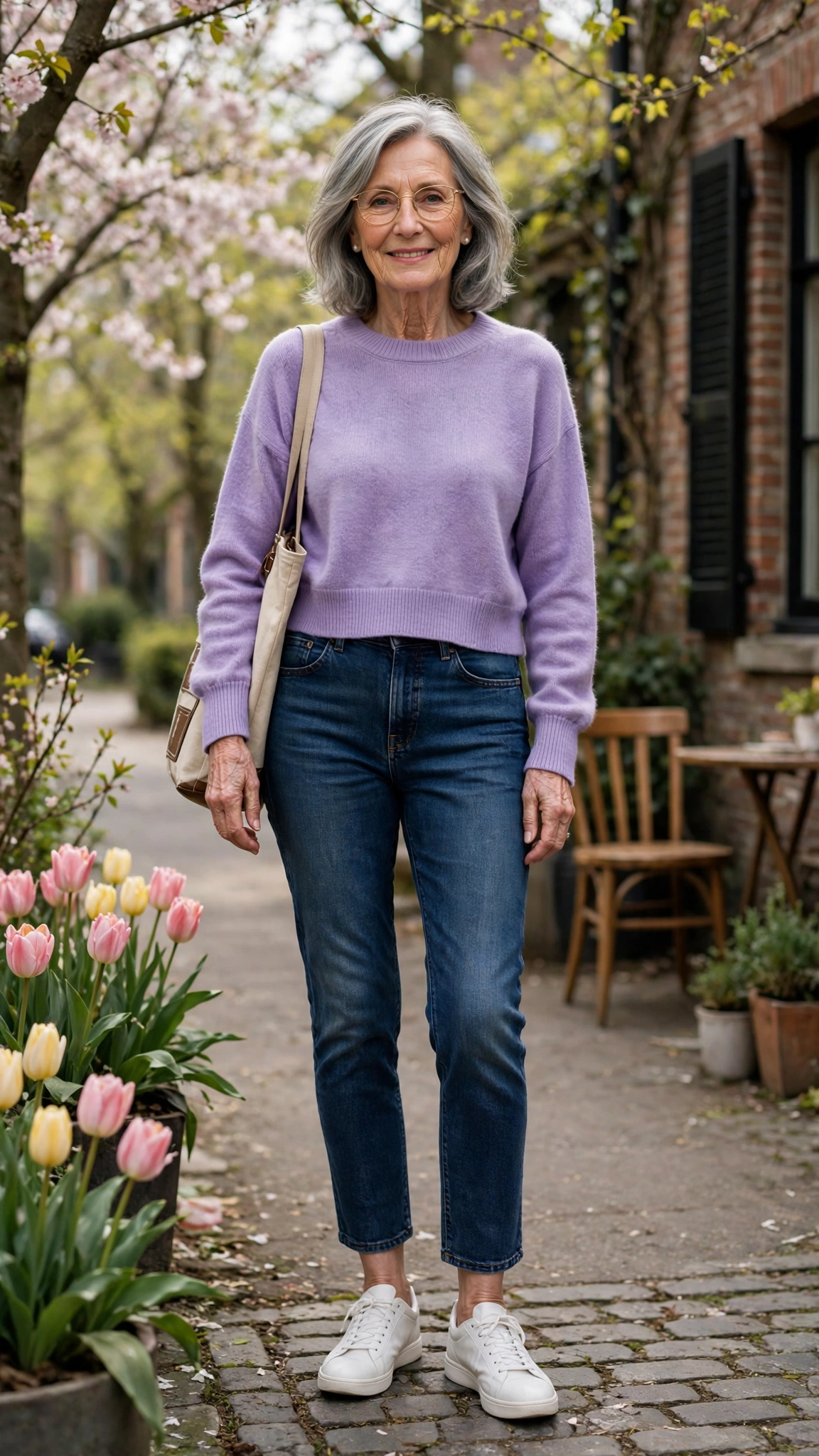 Lavender cropped sweater with dark-wash jeans
