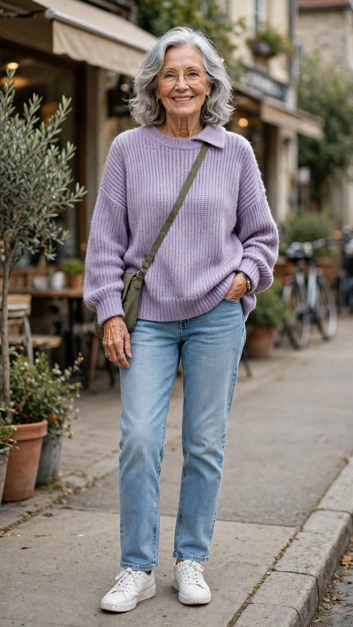 Lavender oversized sweater with light-wash straight jeans