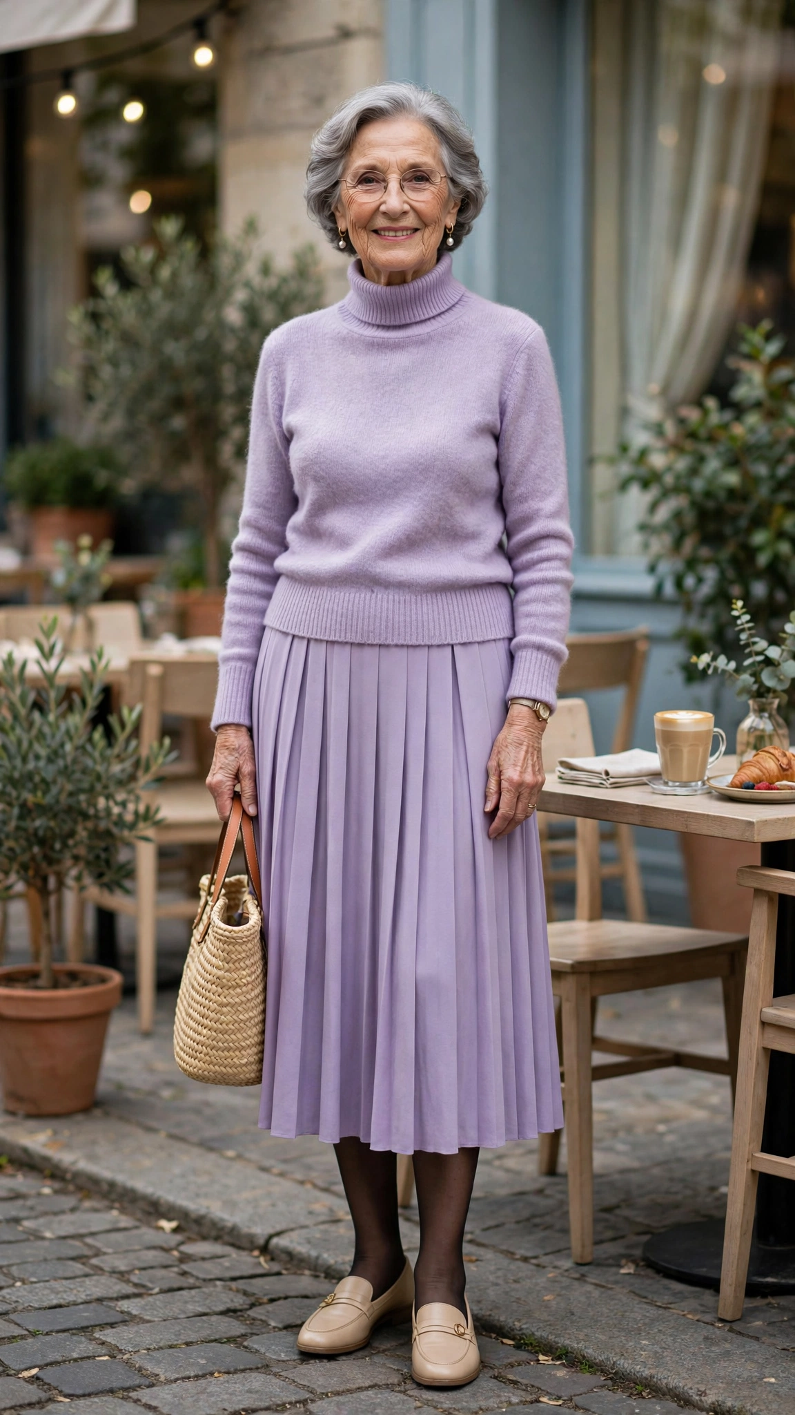 Lavender turtleneck sweater with a pleated midi skirt