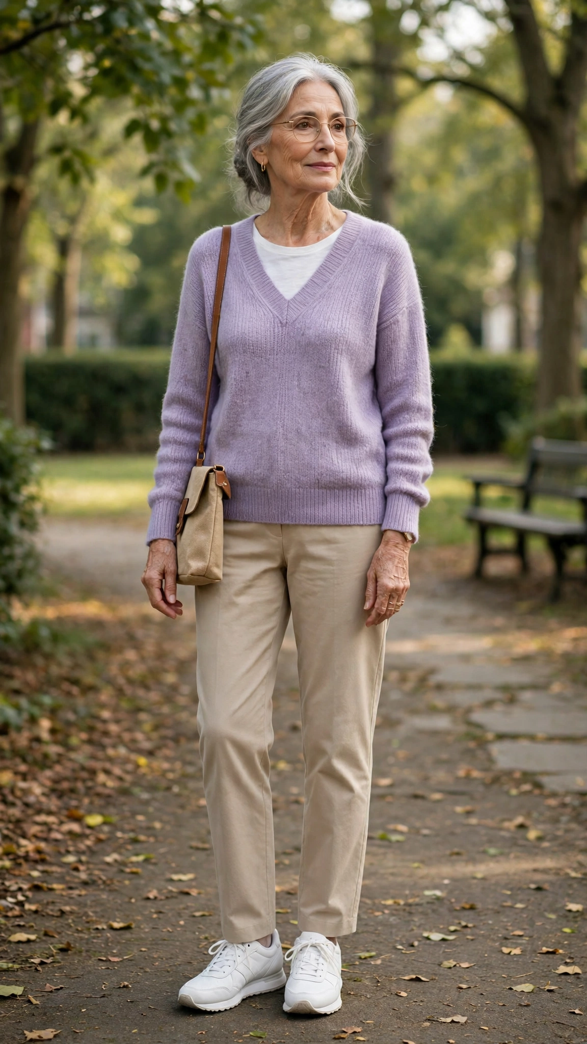 Lavender V-neck sweater with white trainers