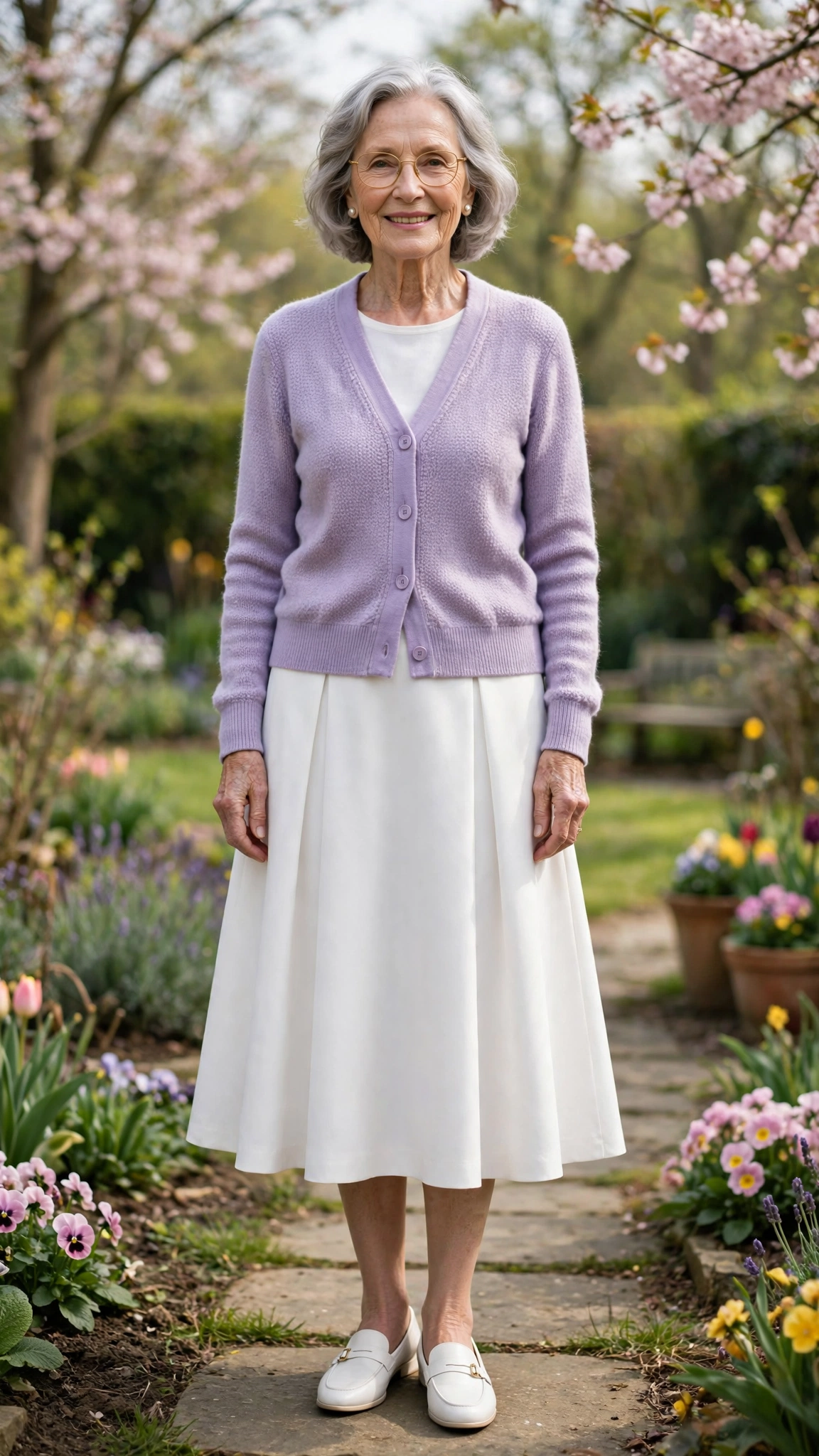 Lavender cardigan sweater with a white A-line skirt