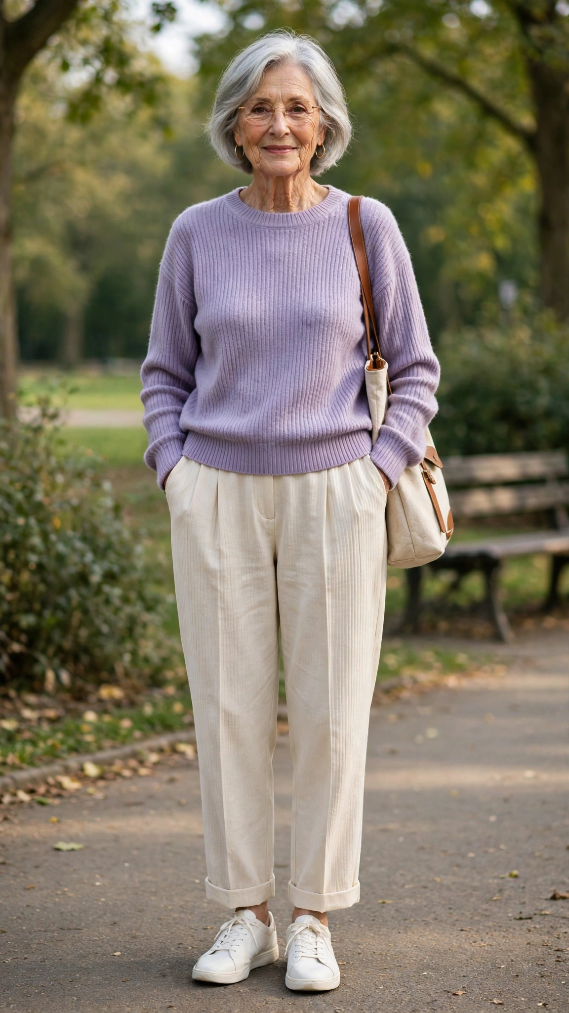 Lavender ribbed sweater with cream pleated trousers