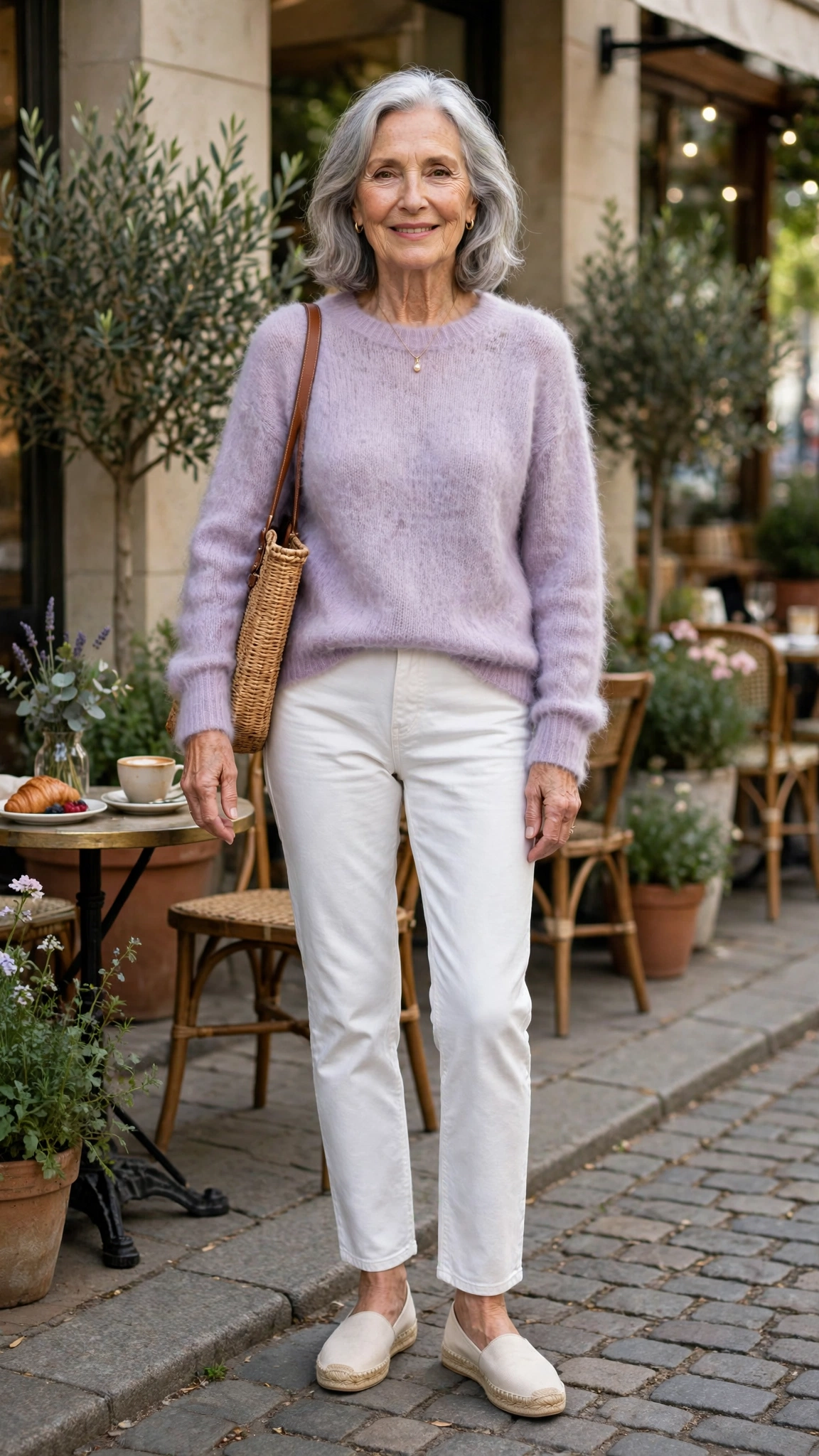 Lavender soft mohair sweater with white jeans