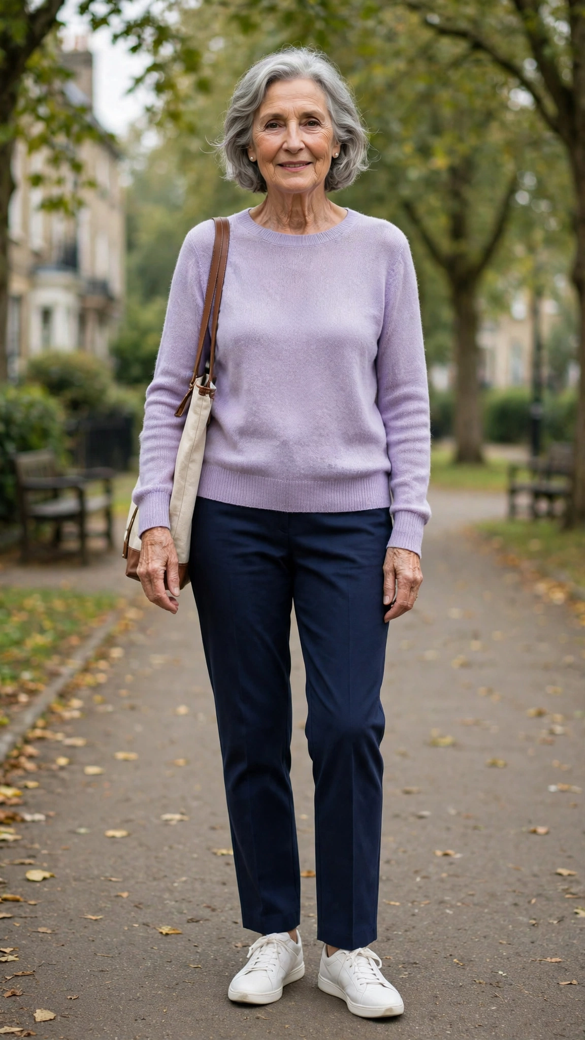 Lavender lightweight knit sweater with navy straight trousers