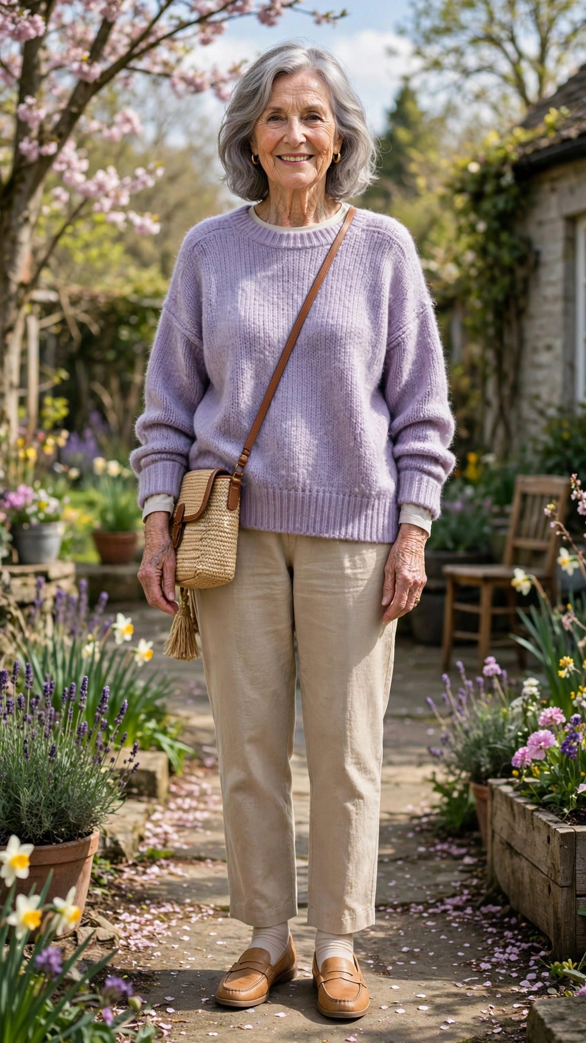 Lavender slouchy sweater with tan loafers