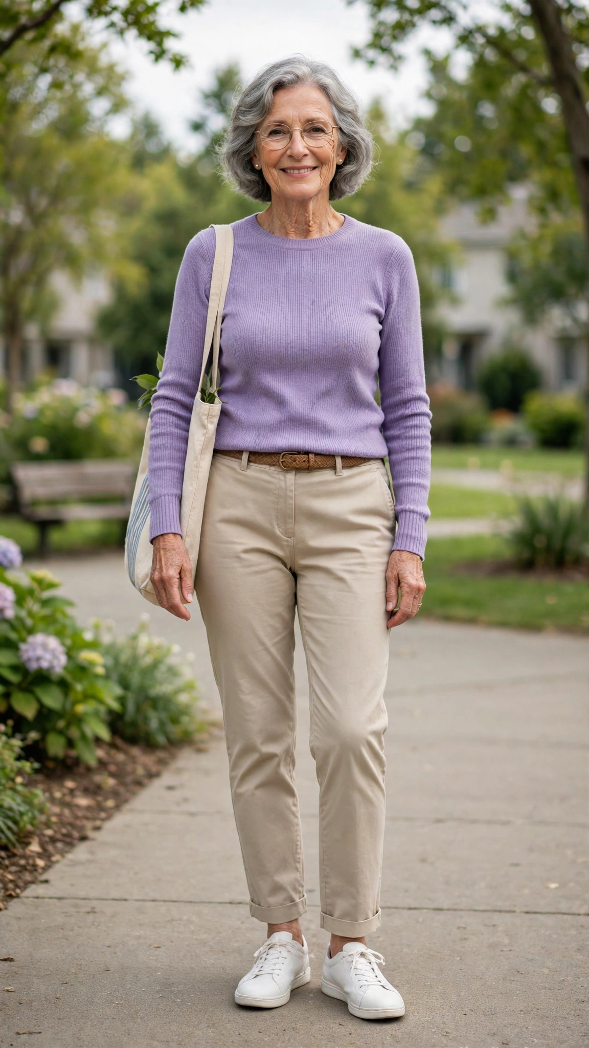 Lavender fitted sweater with beige chinos