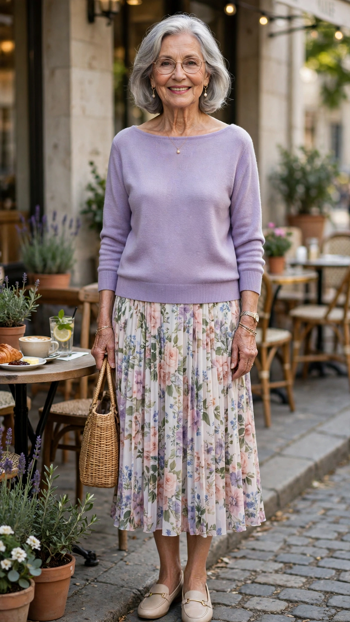 Lavender boat-neck sweater with a floral midi skirt