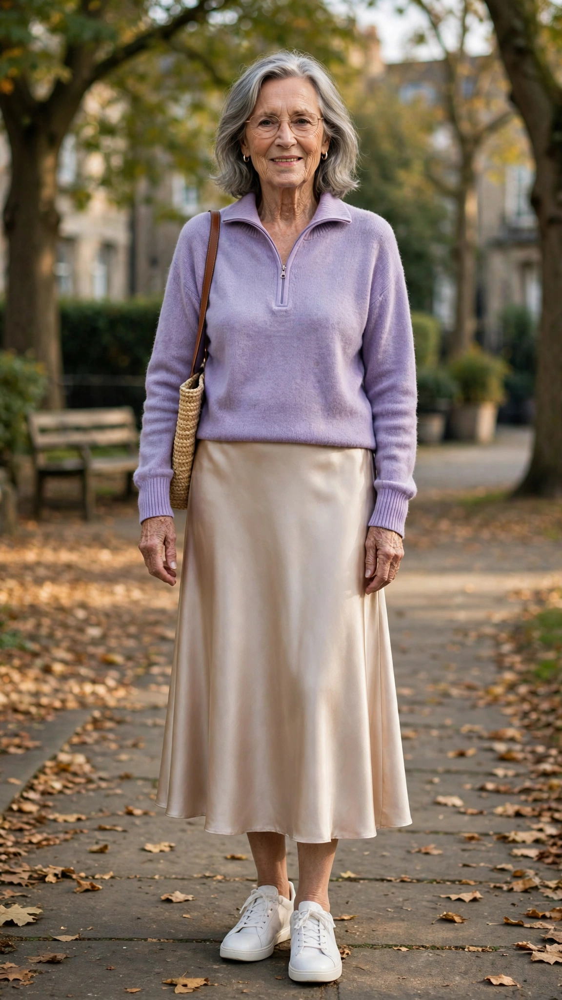 Lavender half-zip sweater with a satin midi skirt