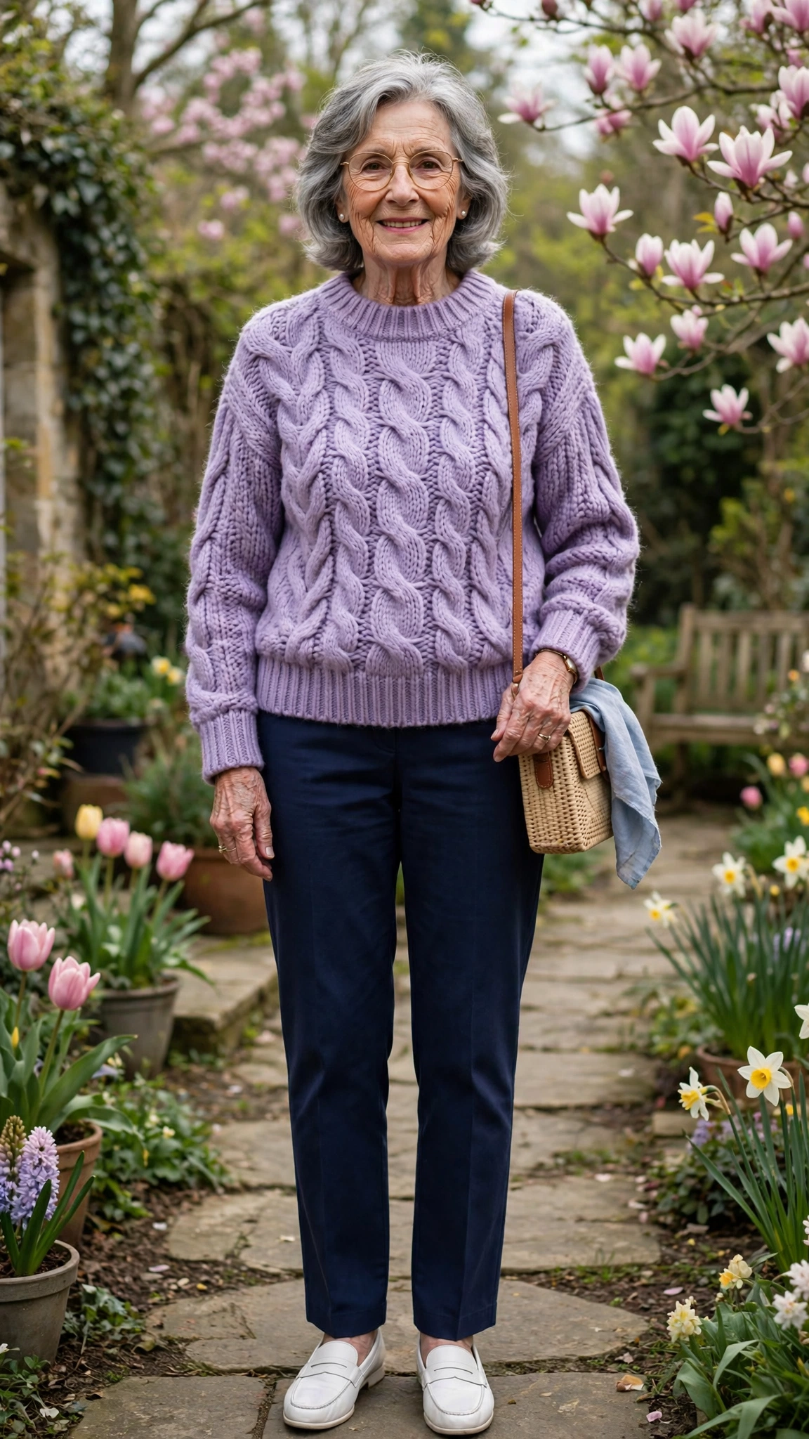 Lavender chunky knit sweater with navy straight trousers