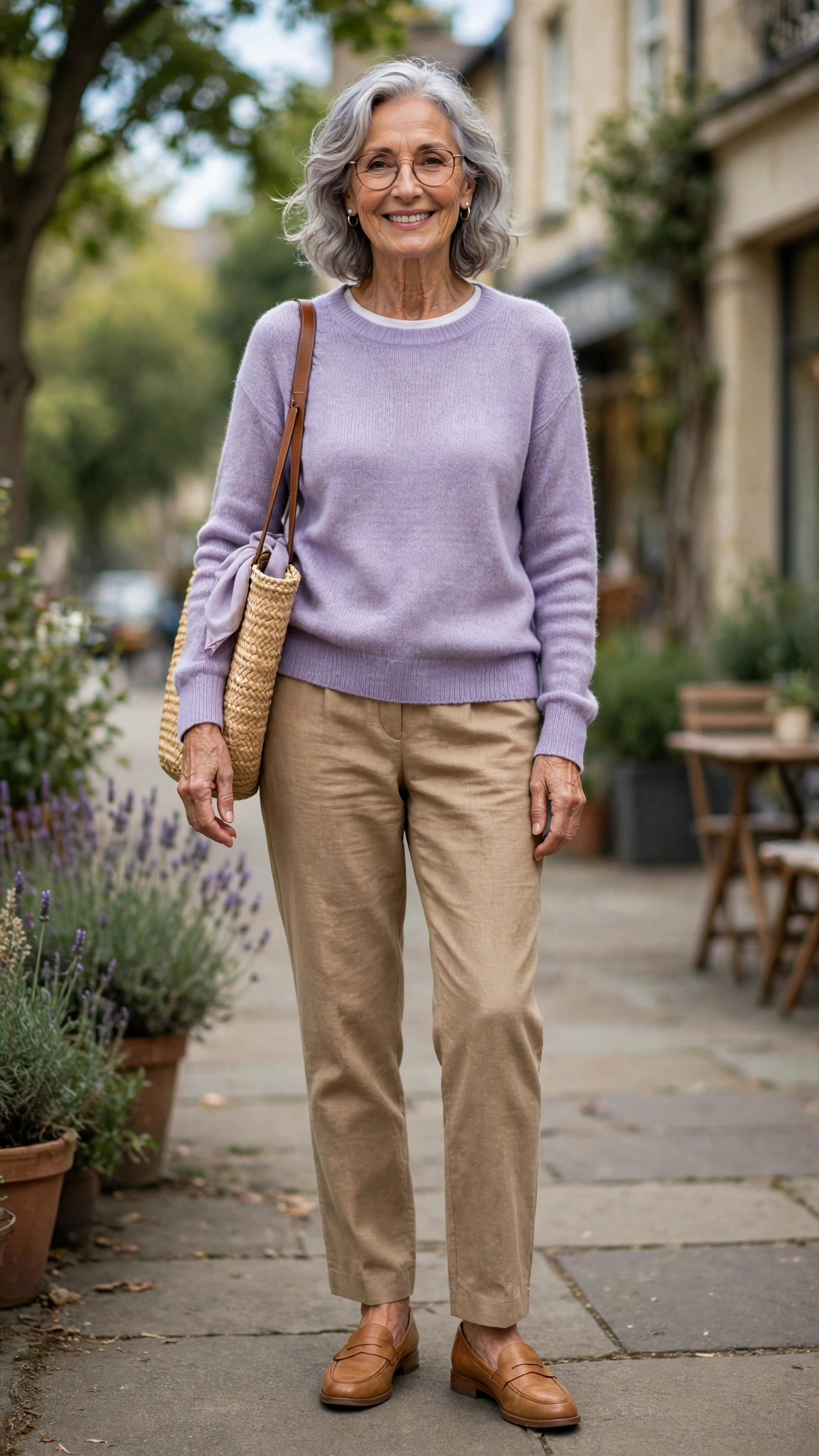 Lavender fine-knit sweater with tan loafers