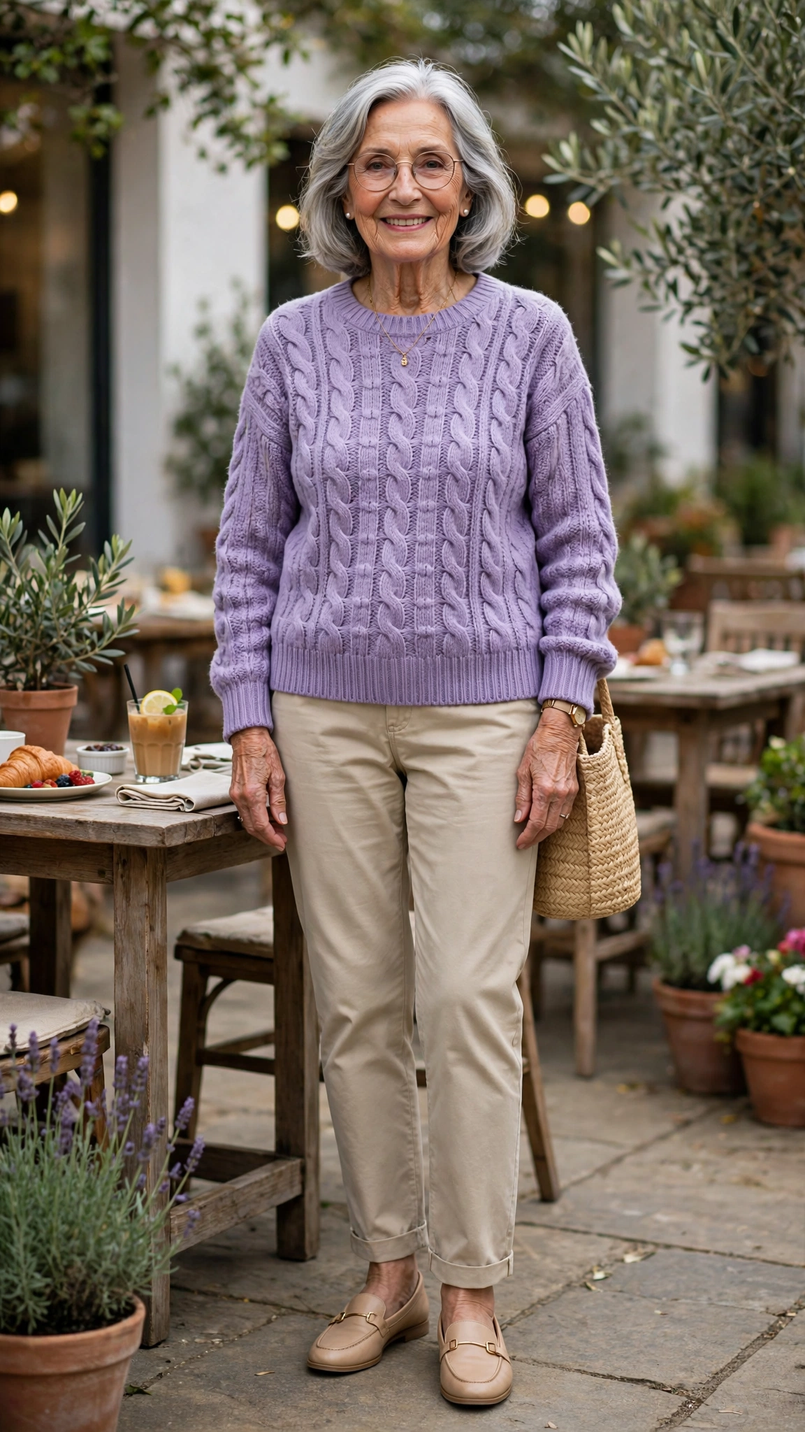 Lavender cable-knit sweater with beige chinos