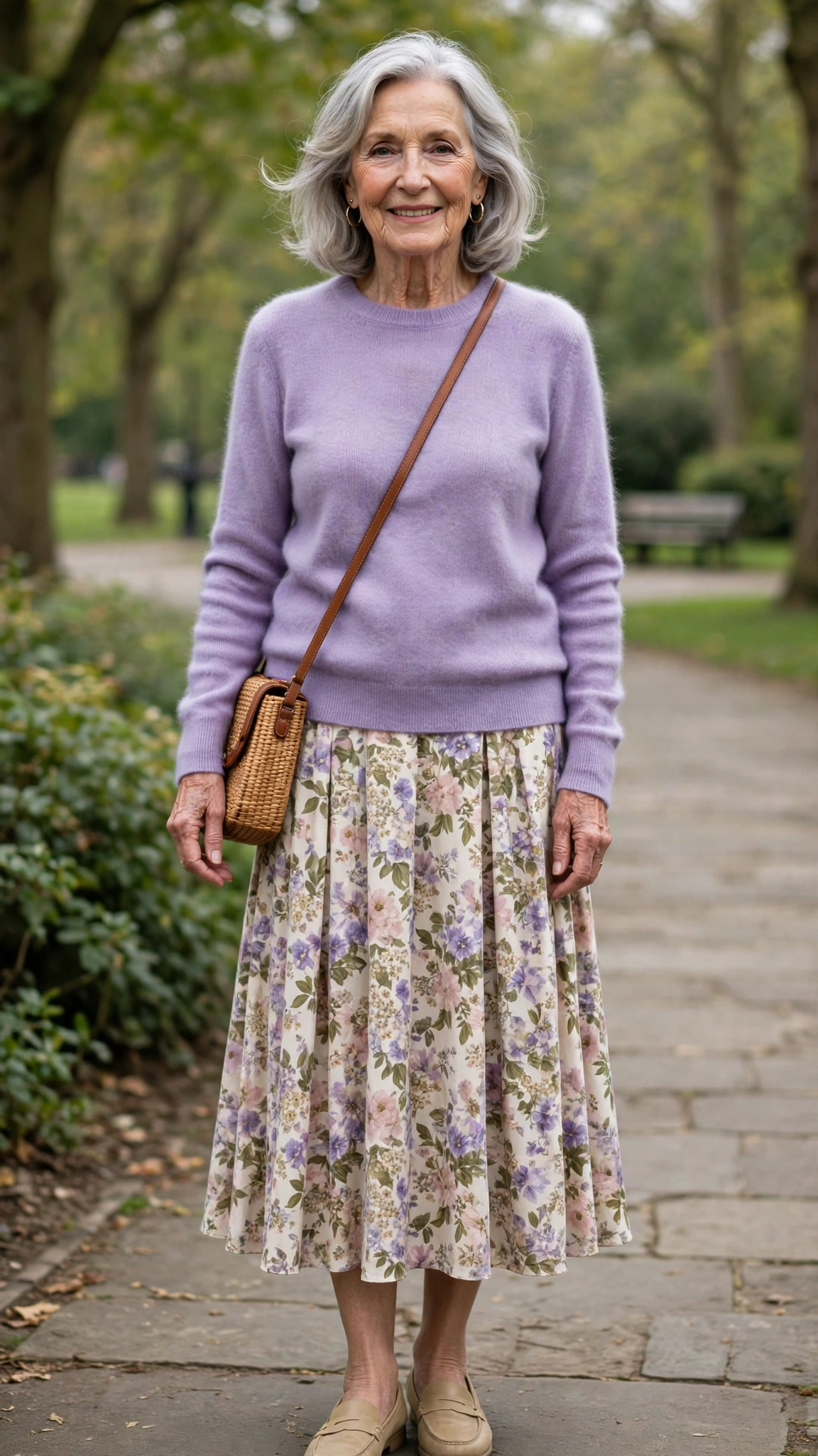 Lavender cashmere sweater with a floral midi skirt