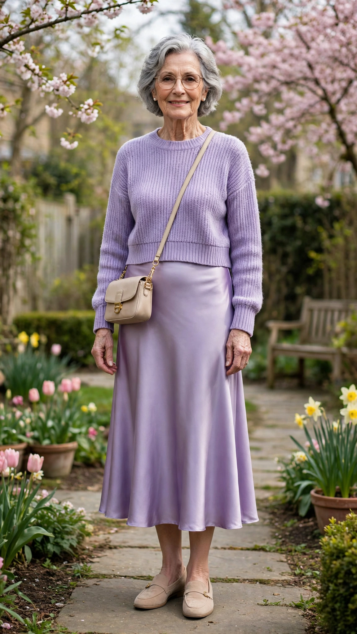 Lavender cropped sweater with a satin midi skirt