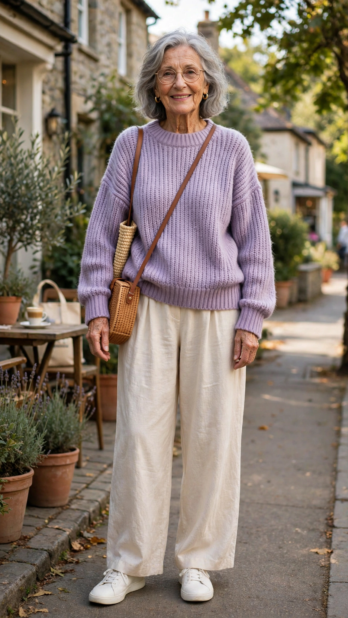Lavender oversized sweater with cream wide-leg trousers