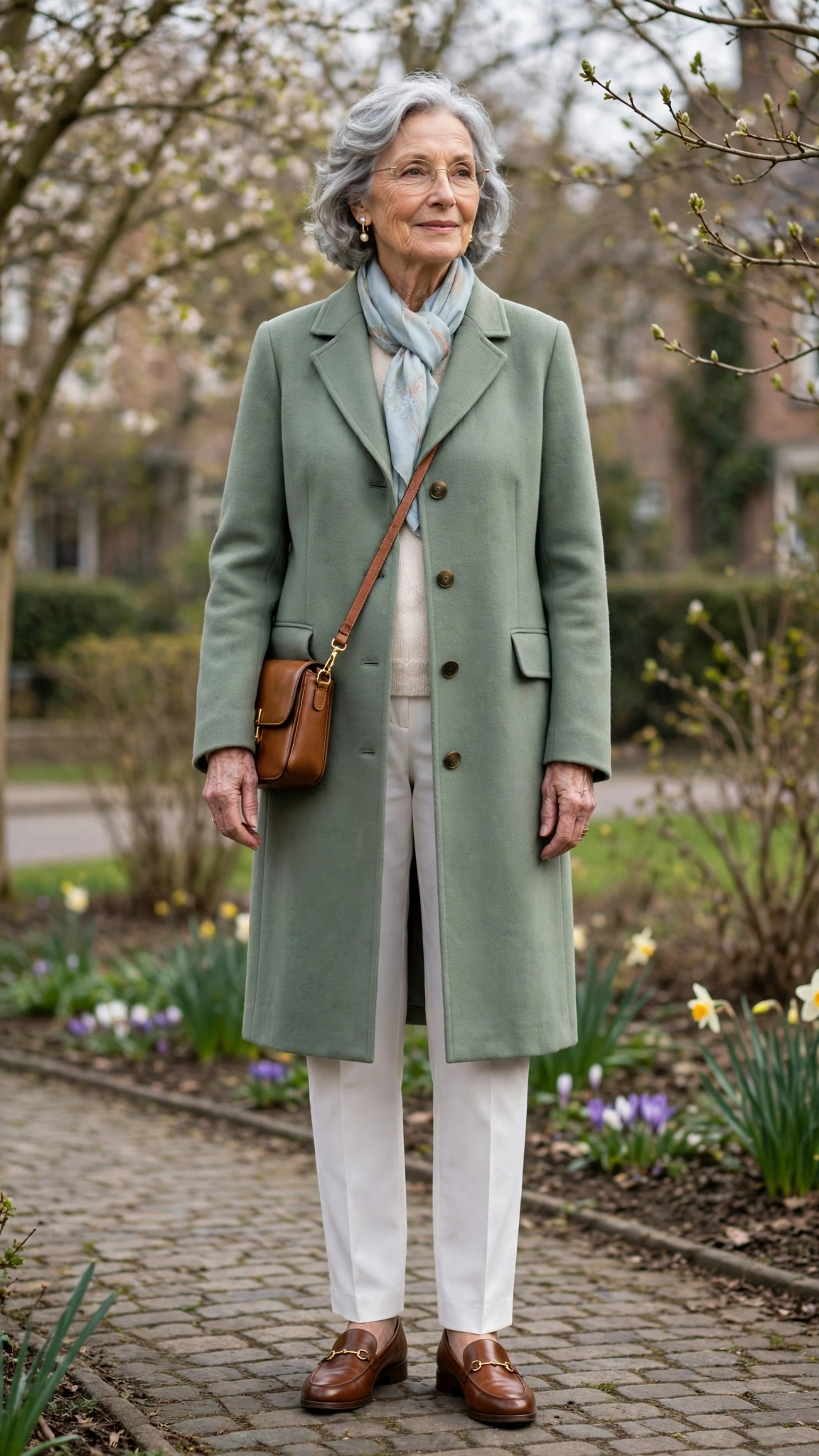 Sage single-breasted coat with white trousers