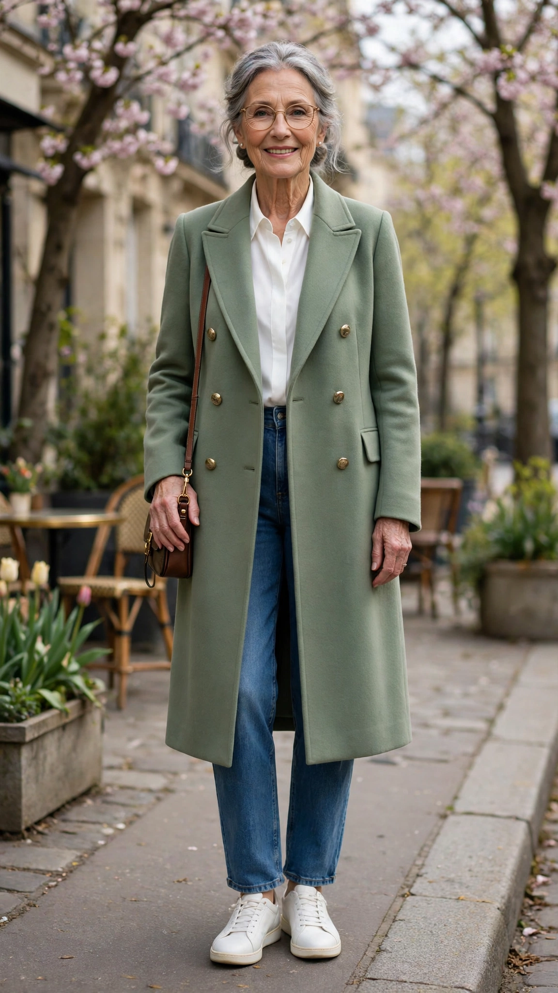 Sage double-breasted coat with a white blouse and jeans