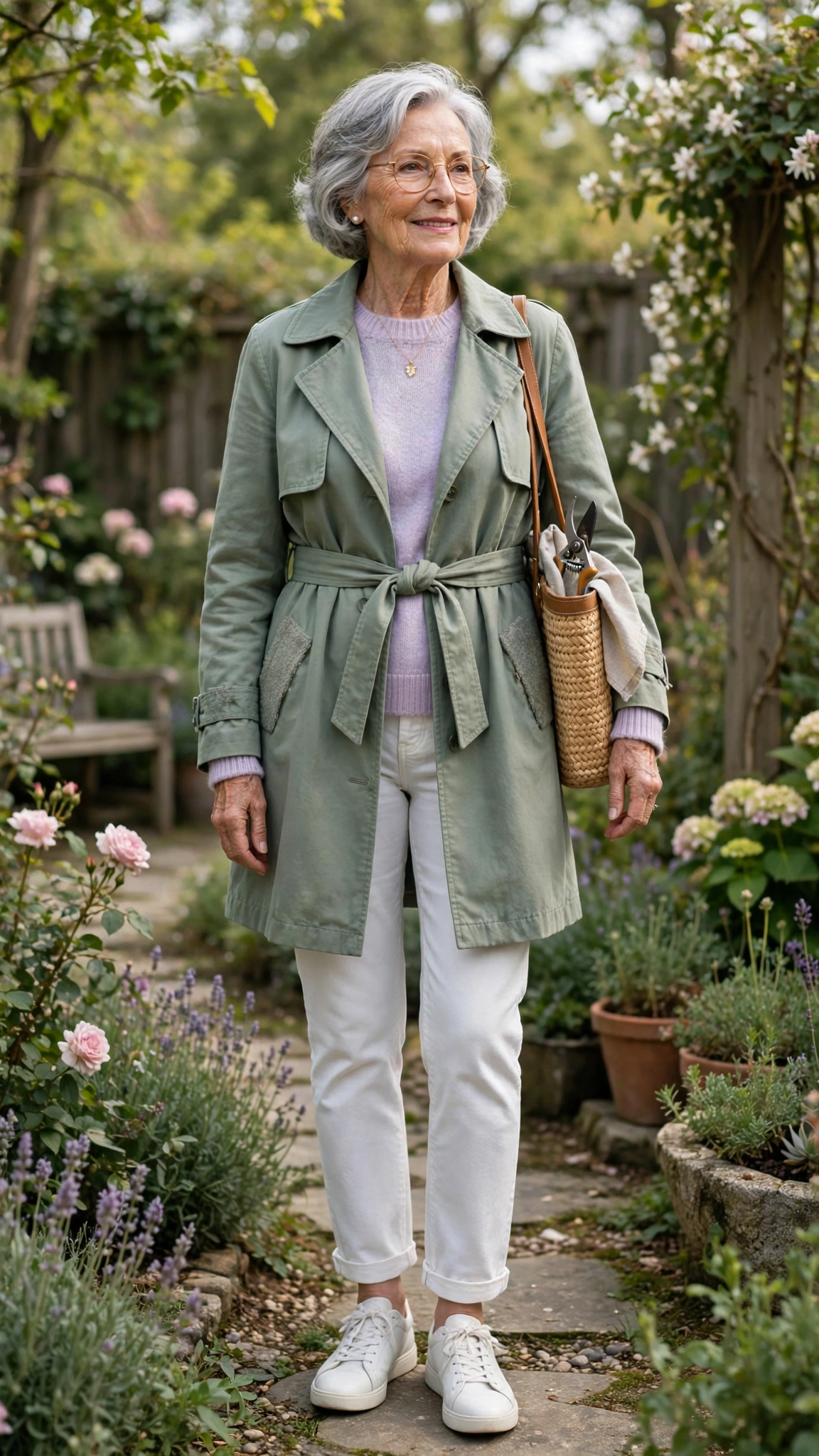Sage belted coat with a pastel sweater and white jeans