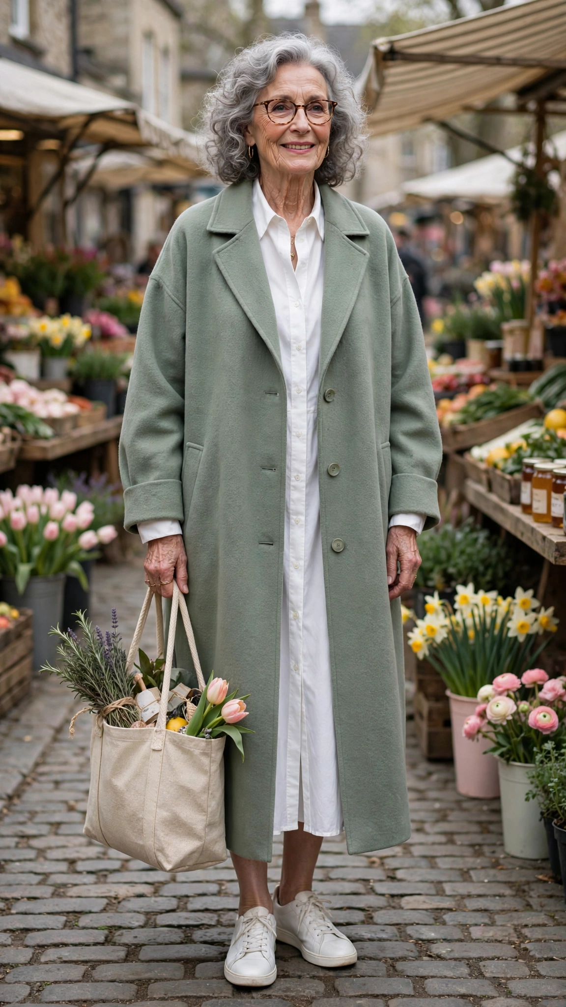 Sage oversized coat with a white shirt dress