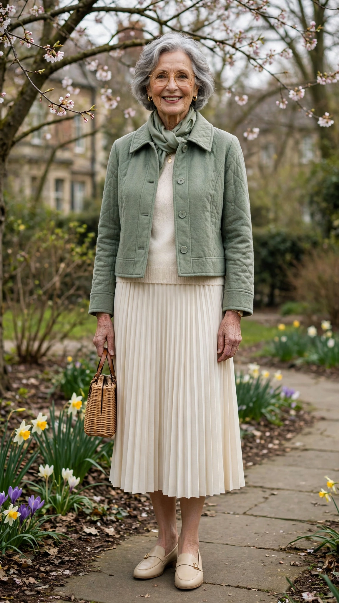 Sage cropped coat with a cream pleated skirt