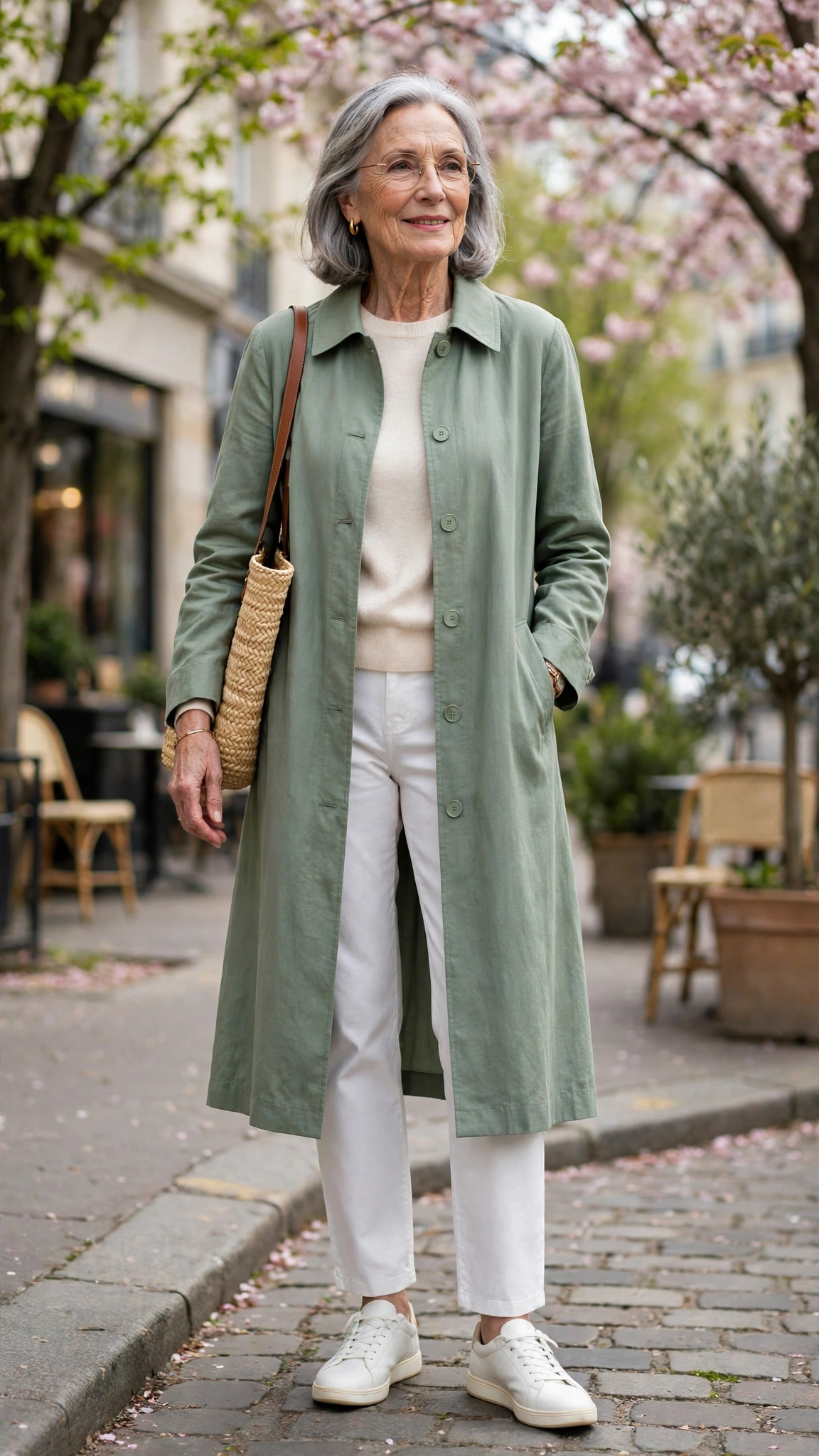 Sage longline coat with white trousers