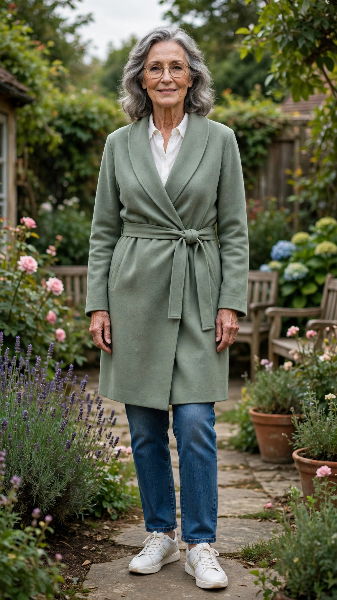 Sage wrap coat with a white blouse and jeans