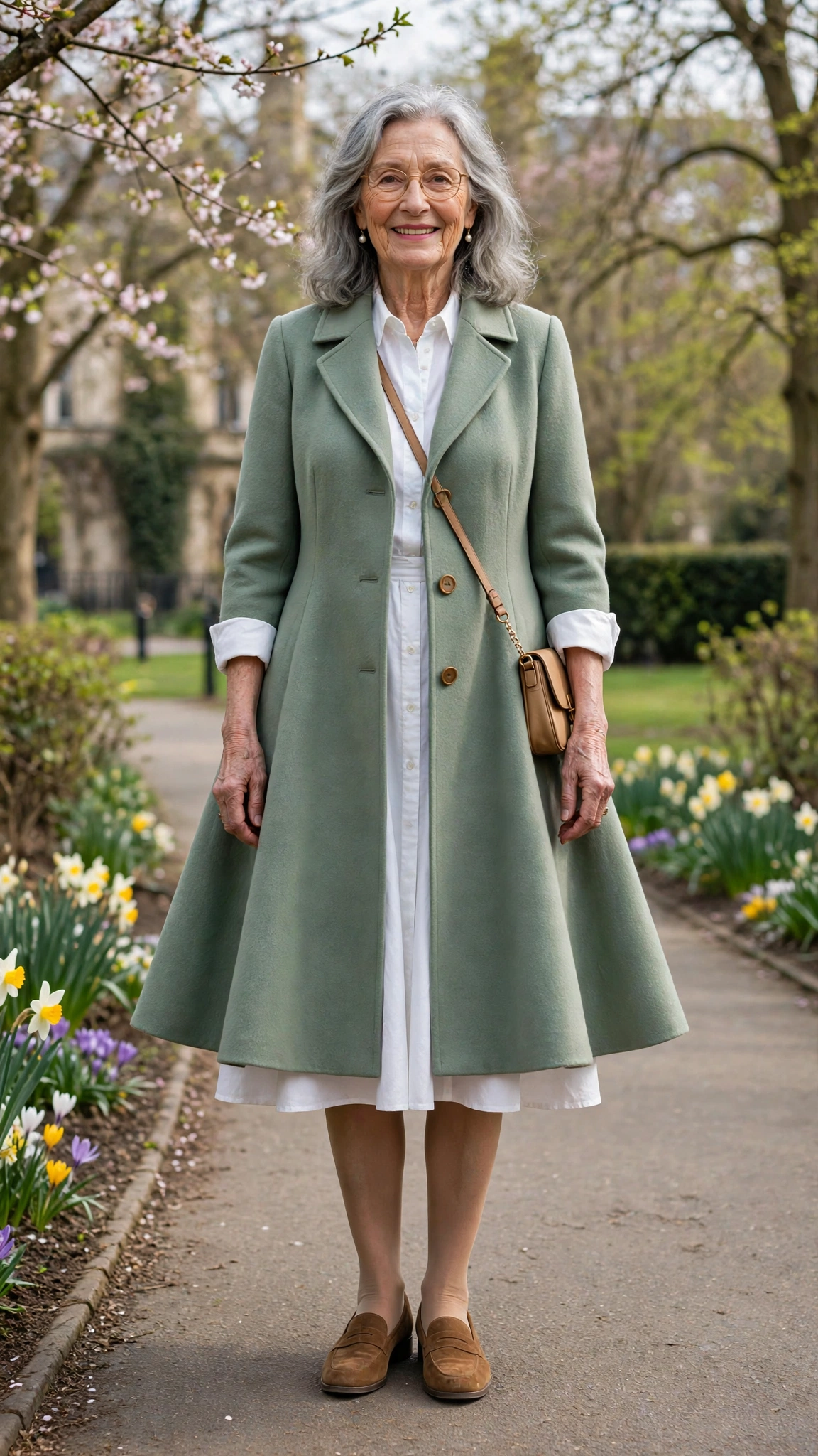 Sage A-line coat with a white shirt dress