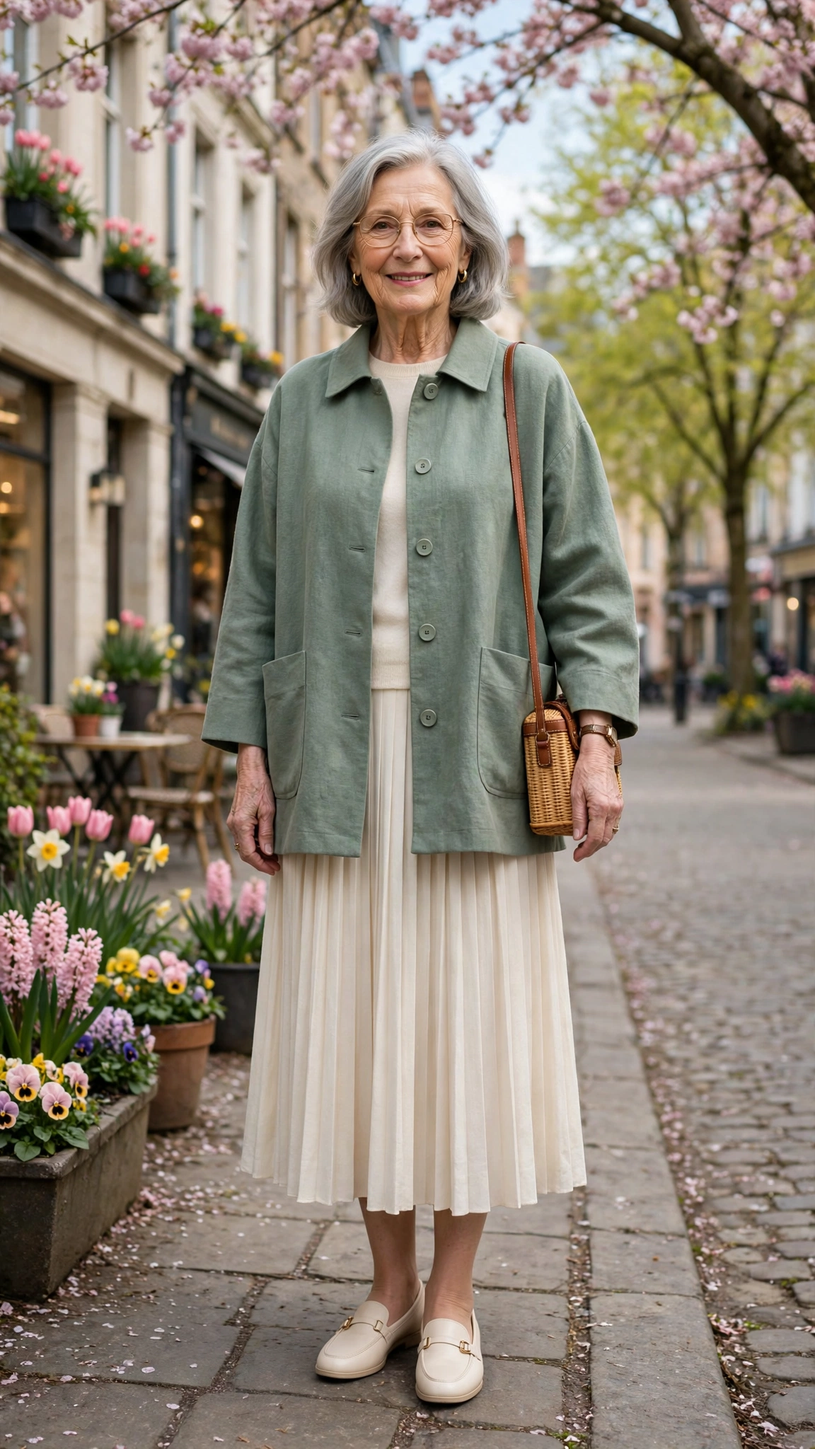 Sage boxy coat with a cream pleated skirt