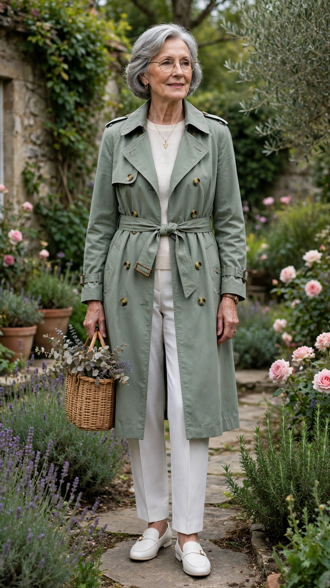 Sage trench-style coat with white trousers